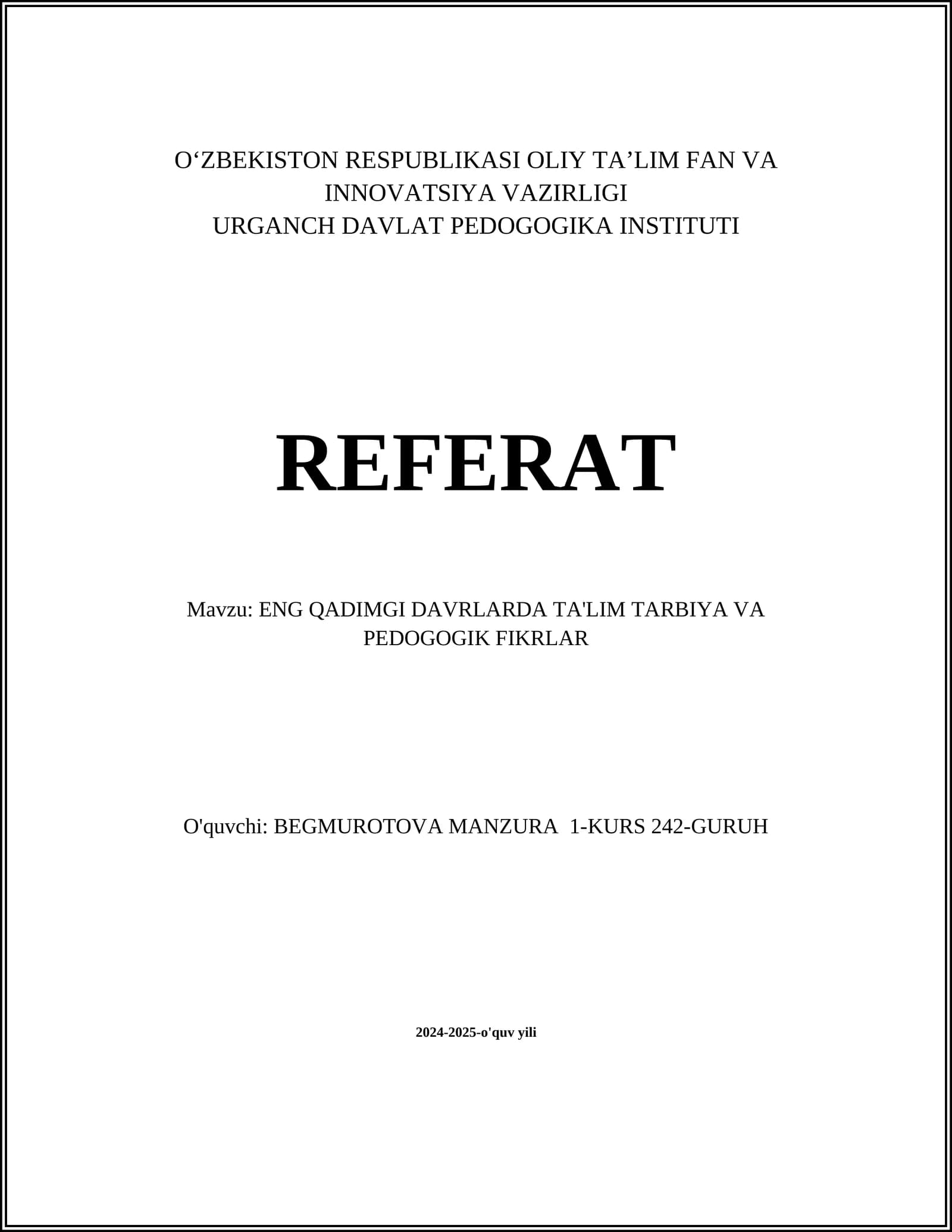 TA'LIM TARBIYA VA PEDOGOGIK FIKRLAR