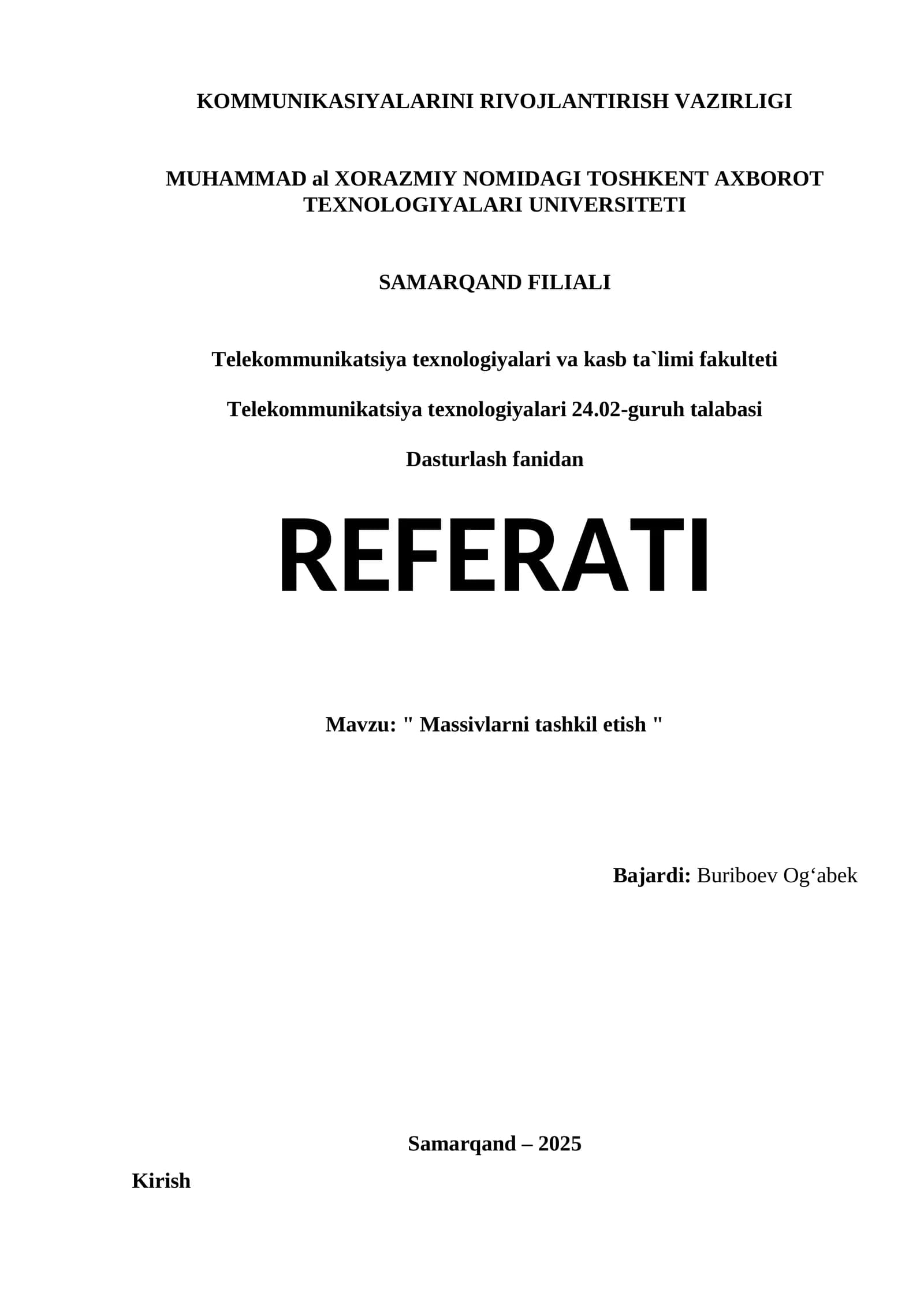 Massivlarni tashkil etish - REFERATI