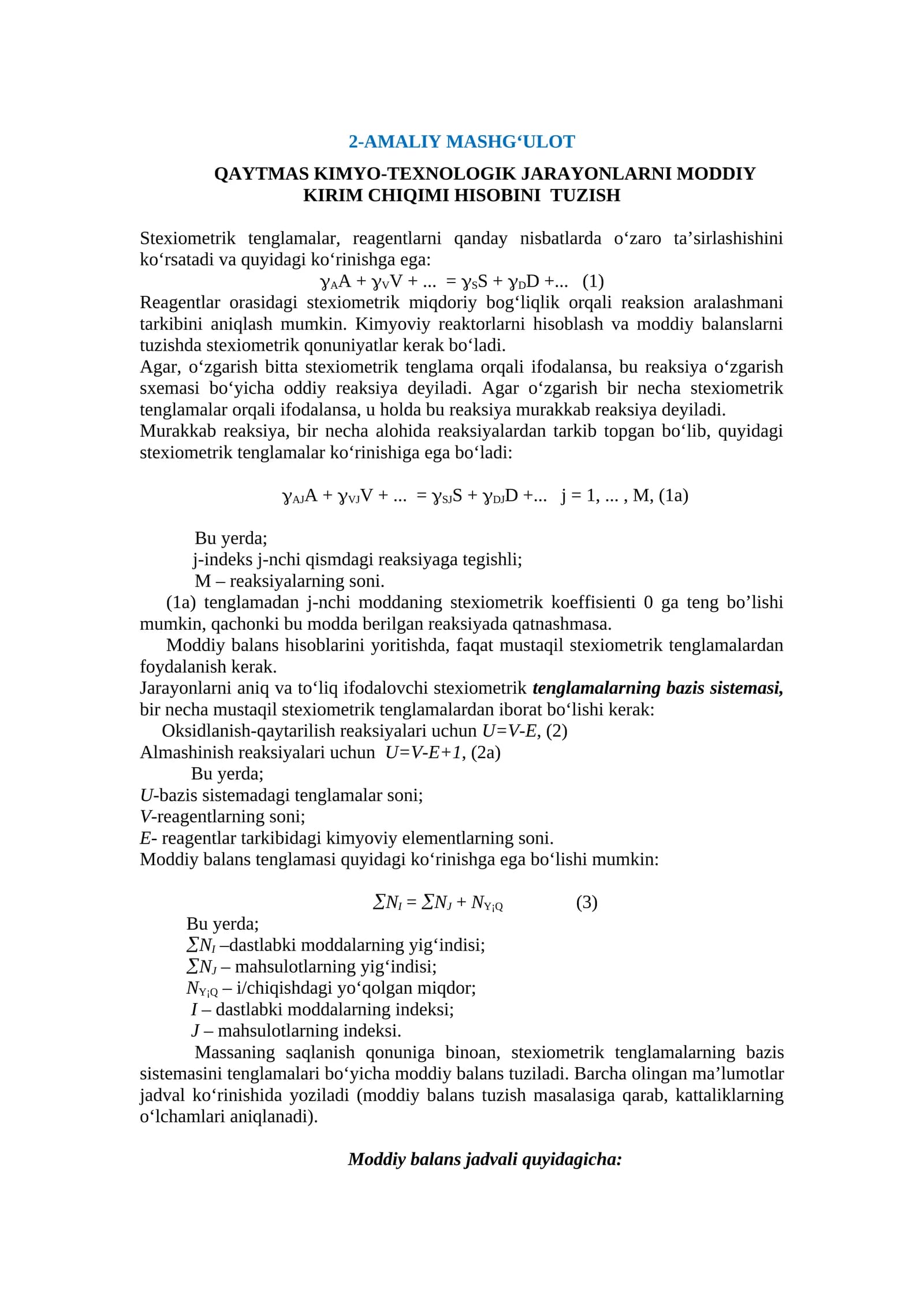 QAYTMAS KIMYO-TЕXNOLOGIK JАRАYONLАRNI MODDIY KIRIM CHIQIMI HISOBINI TUZISH