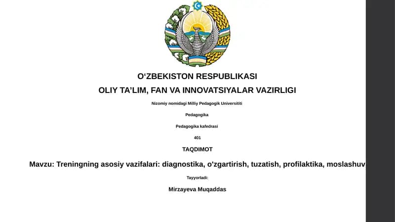 Treningning asosiy vazifalari: diagnostika, o'zgartirish, tuzatish, profilaktika, moslashuv