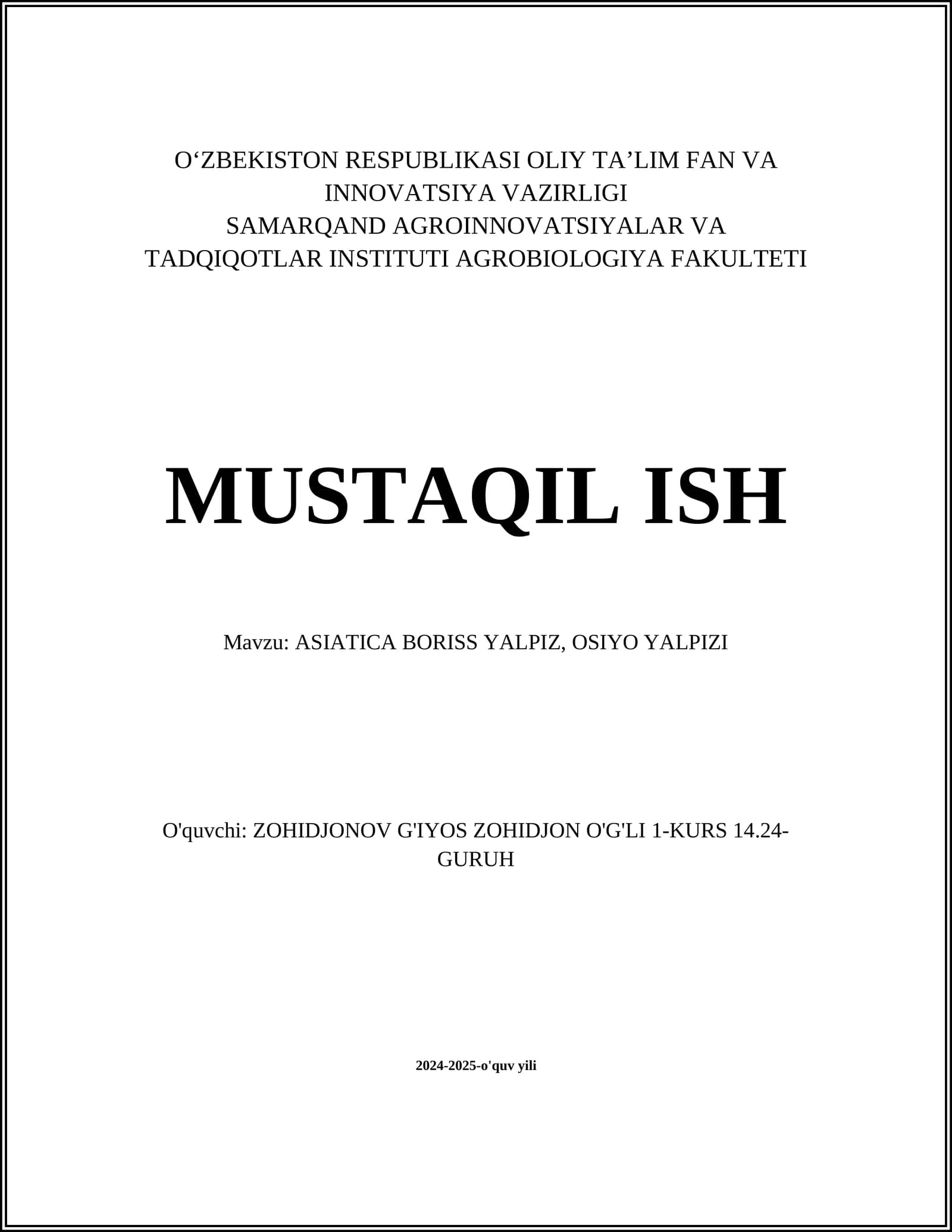 ASIATICA BORISS YALPIZ, OSIYO YALPIZI