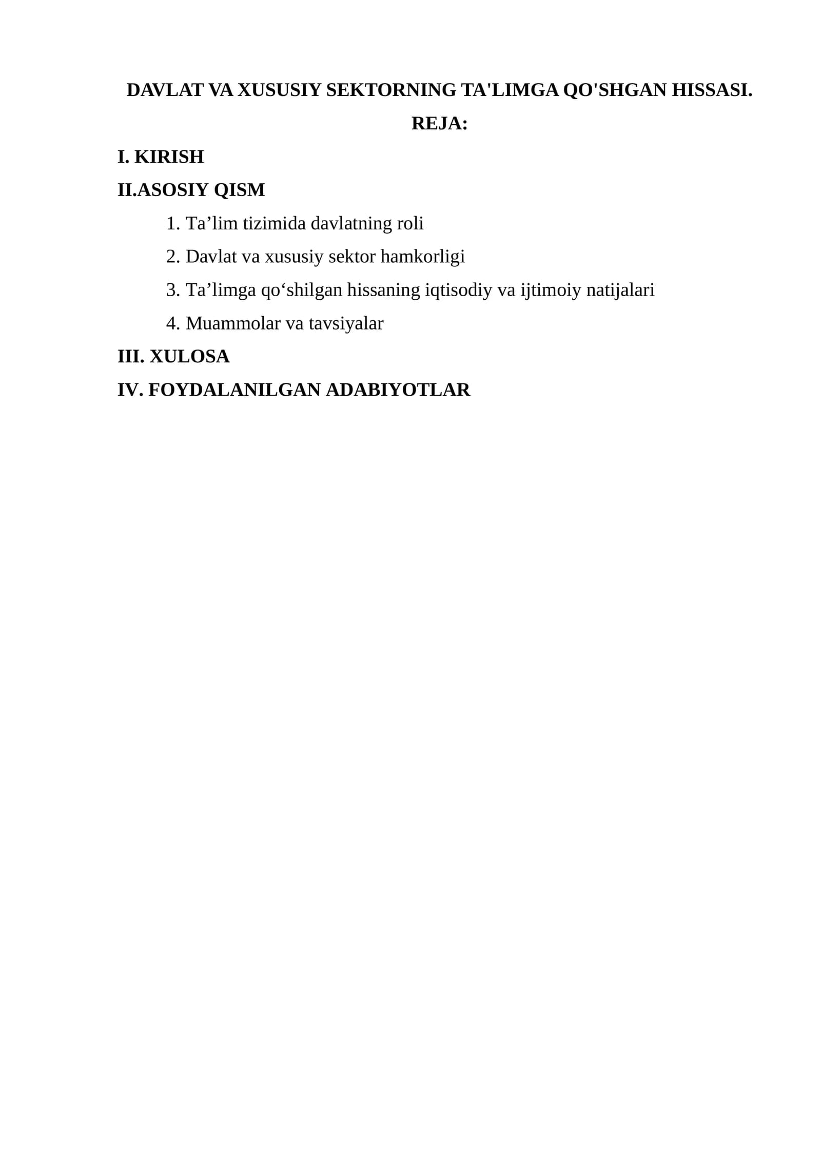 DAVLAT VA XUSUSIY SEKTORNING TA'LIMGA QO'SHGAN HISSASI