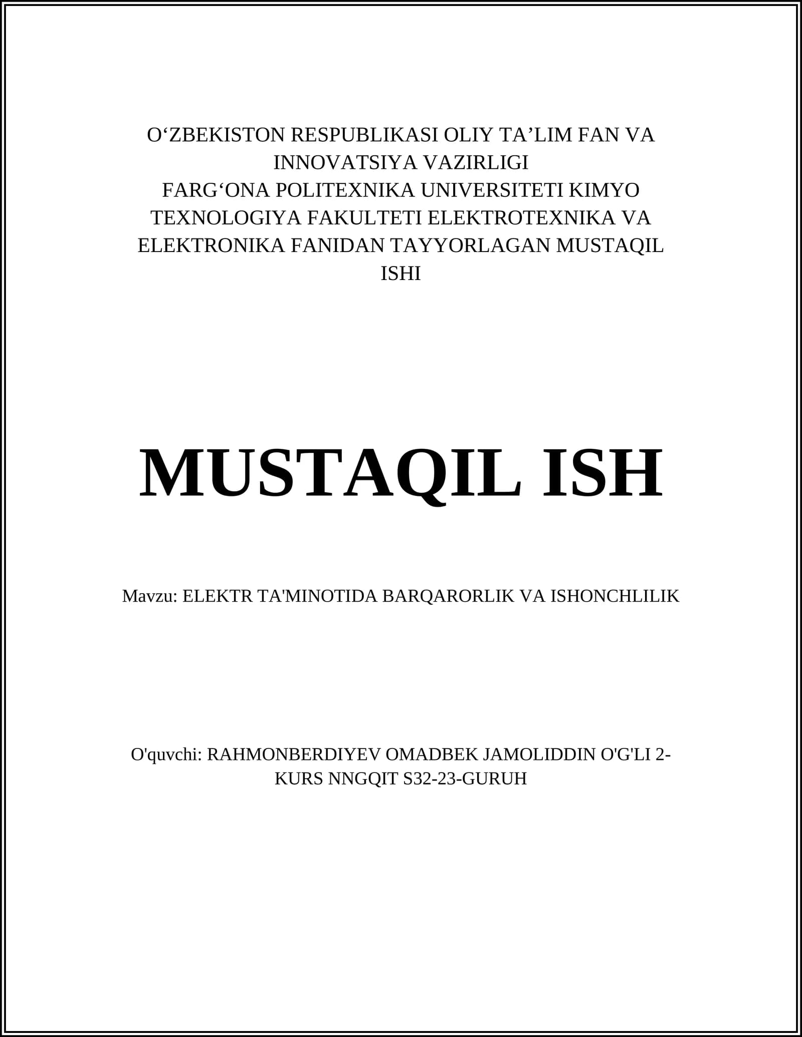 FARGʻONA POLITEXNIKA UNIVERSITETI MUSTAQIL ISHI