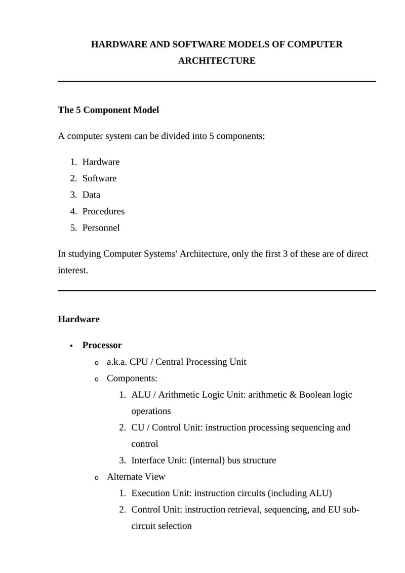 HARDWARE AND SOFTWARE MODELS OF COMPUTER ARCHITECTURE
