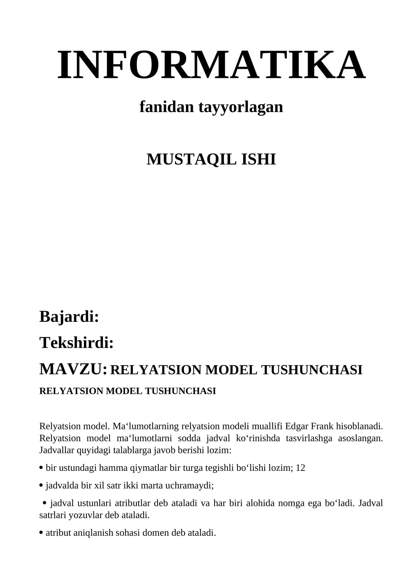 RELYATSION MODEL TUSHUNCHASI