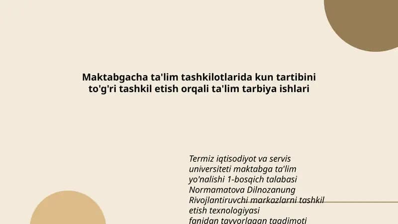 Normamatova Dilnozanung Rivojlantiruvchi Markazlarini Tashkil Etish Texnologiyasi Taqdimoti