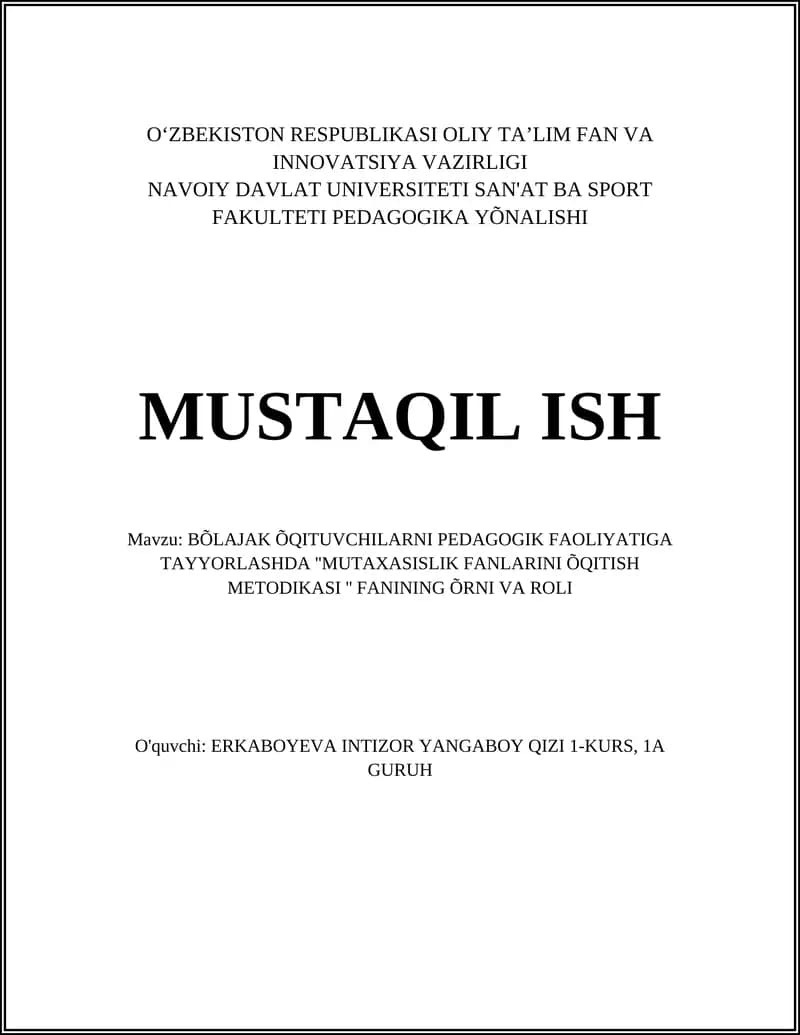 MUTAXASISLIK FANLARINI ÕQITISH METODIKASI