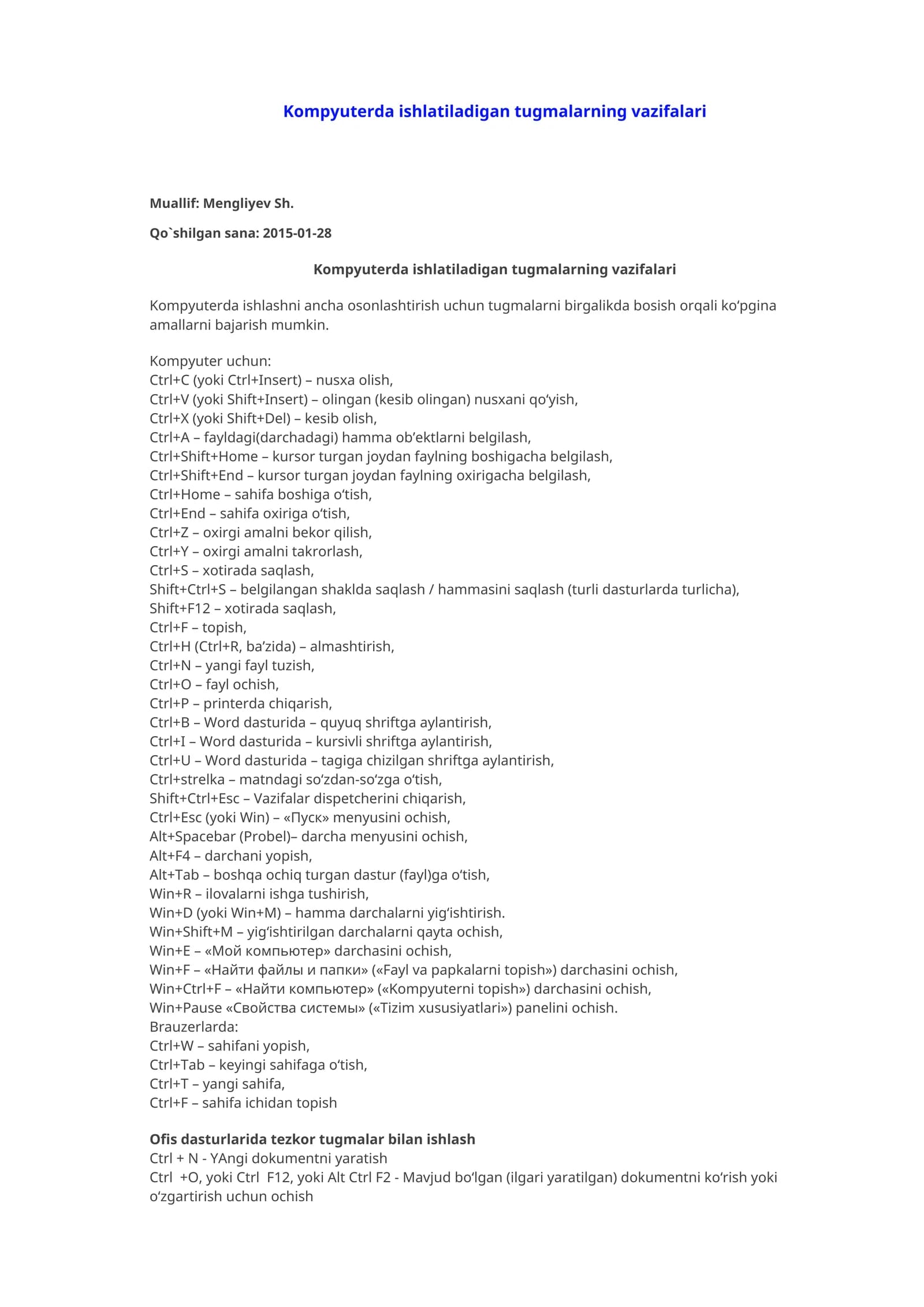 Kompyuterda ishlatiladigan tugmalarning vazifalari