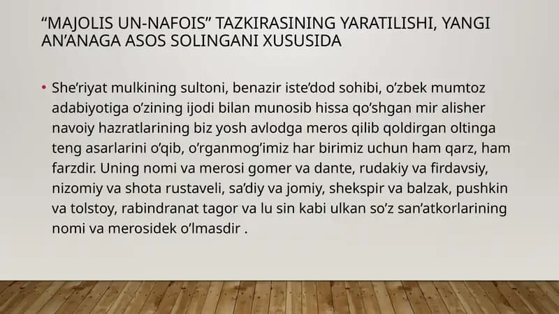 “Majolis un-nafois” tazkirasining yaratilishi, yangi an’anaga asos solingani xususida