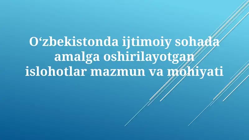 Ijtimoiy islohotlar aholining turmush darajasini oshirishga qaratilgan bo'lib, 2017-yildan boshlab 5 ta ustuvor yo'nalish bo'yicha amalga oshirilmoqda