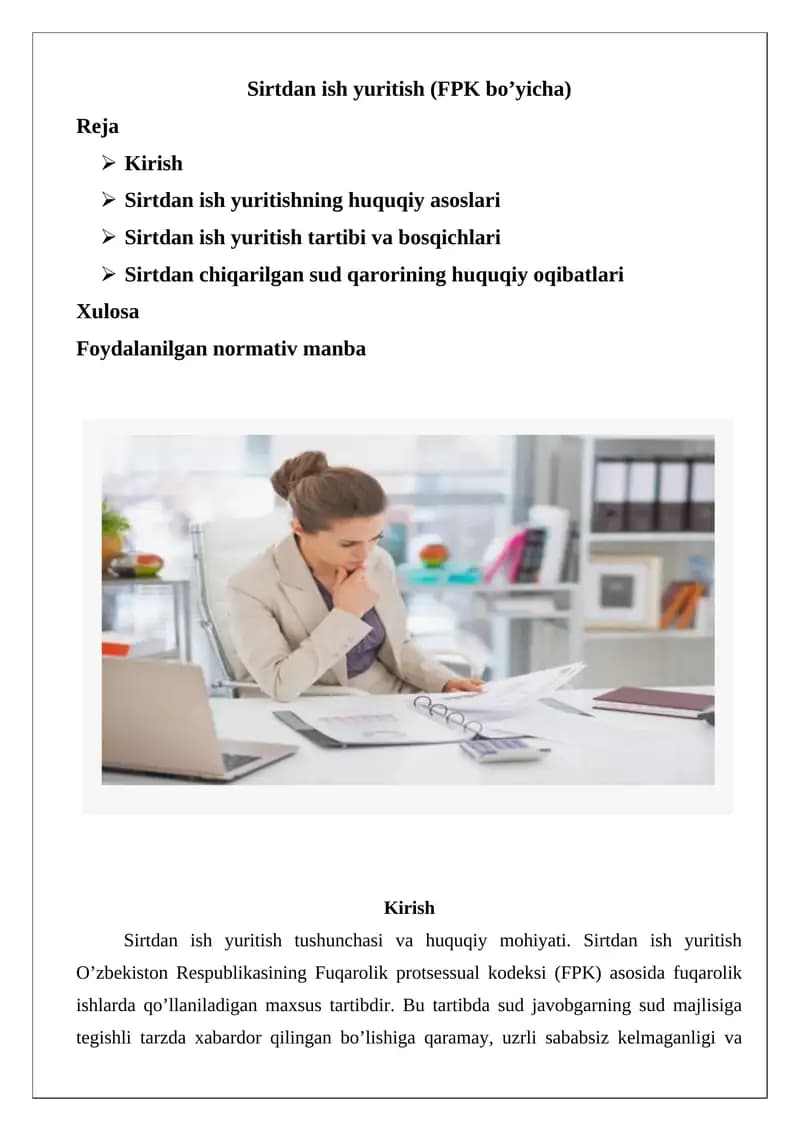 Sirtdan ish yuritish (FPK bo’yicha)
