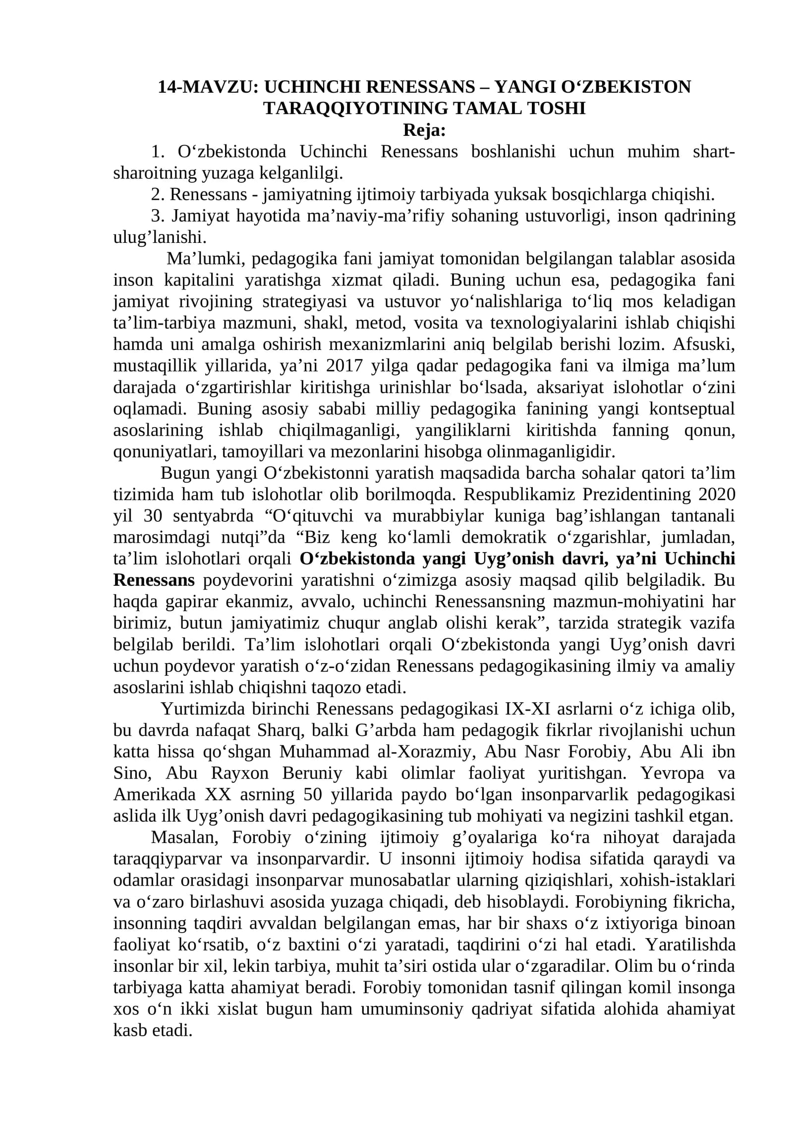 UCHINCHI RENESSANS – YANGI O‘ZBEKISTON