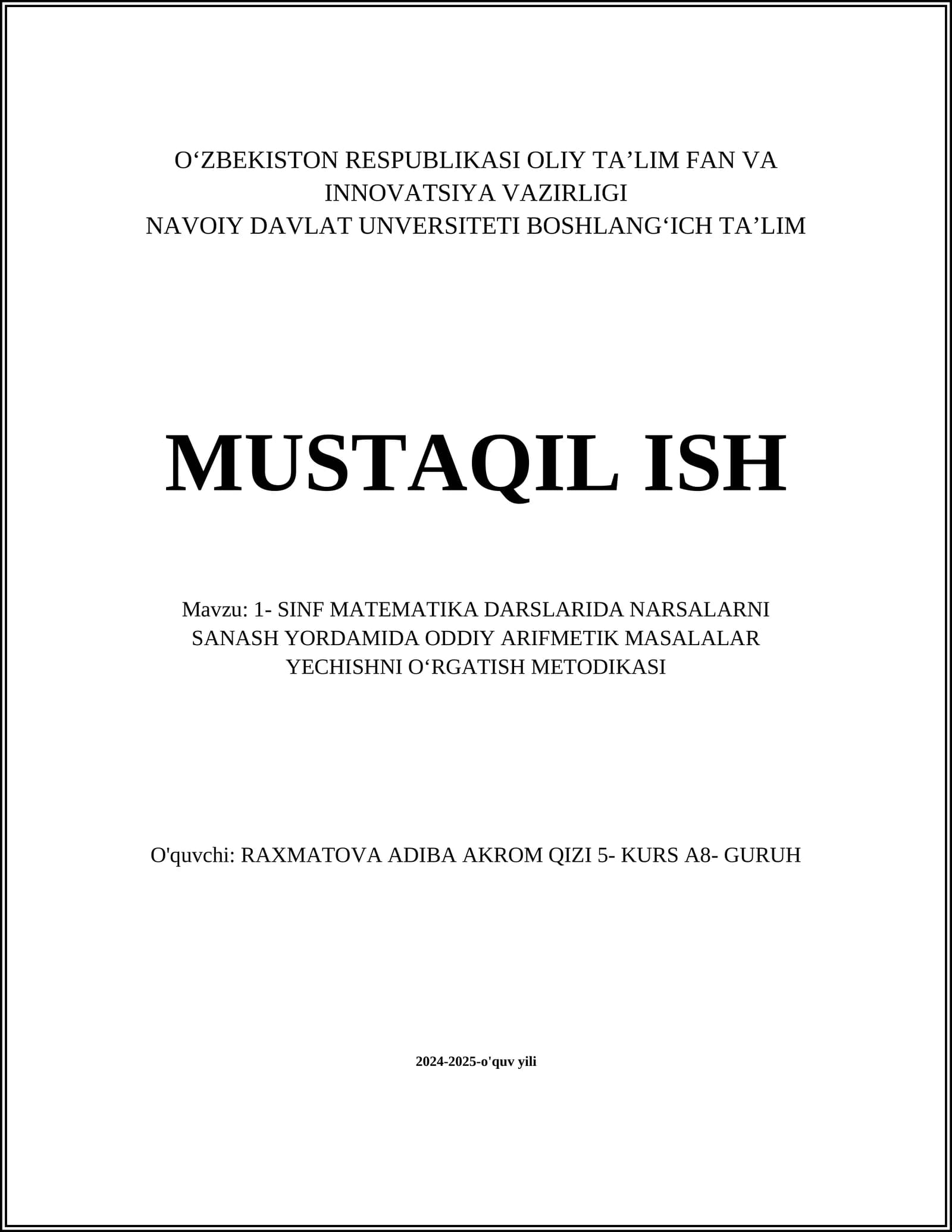 SINF MATEMATIKA DARSLARIDA NARSALARNI SANASH YORDAMIDA ODDIY ARIFMETIK MASALALAR YECHISHNI OʻRGATISH METODIKASI