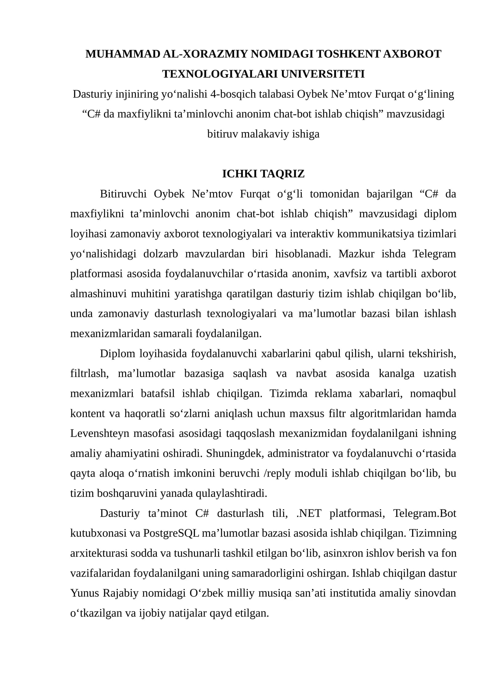C# da maxfiylikni ta'minlovchi anonim chat-bot ishlab chiqish