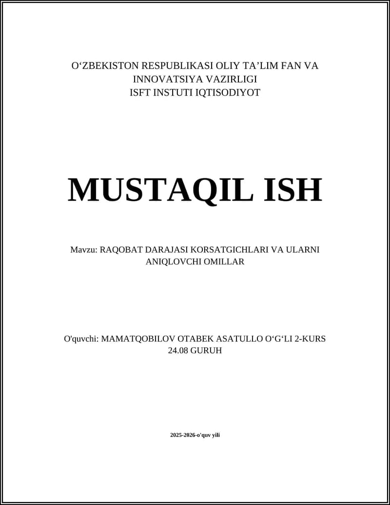 RAQOBAT DARAJASI KORSATGICHLARI VA ULARNI ANIQLOVCHI OMILLAR