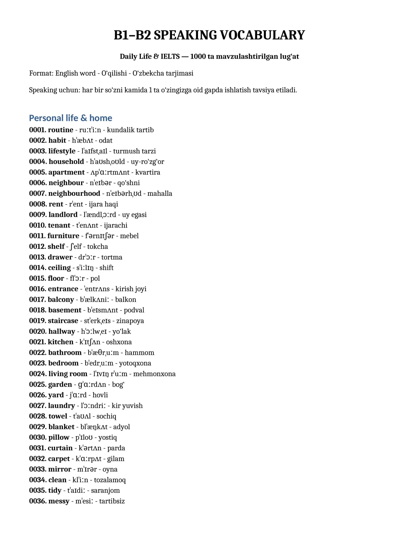 Speaking uchun 1000ta lugat daraja b1-b2