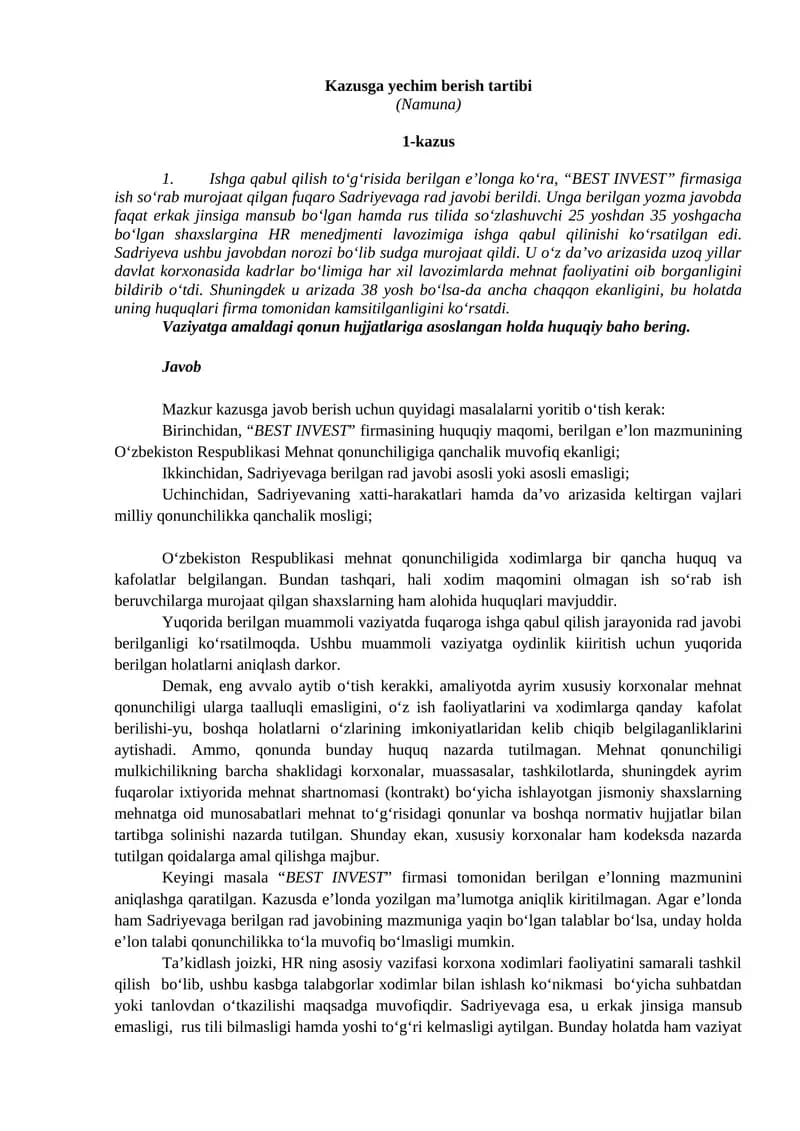 Kazusga yechim berish tartibi