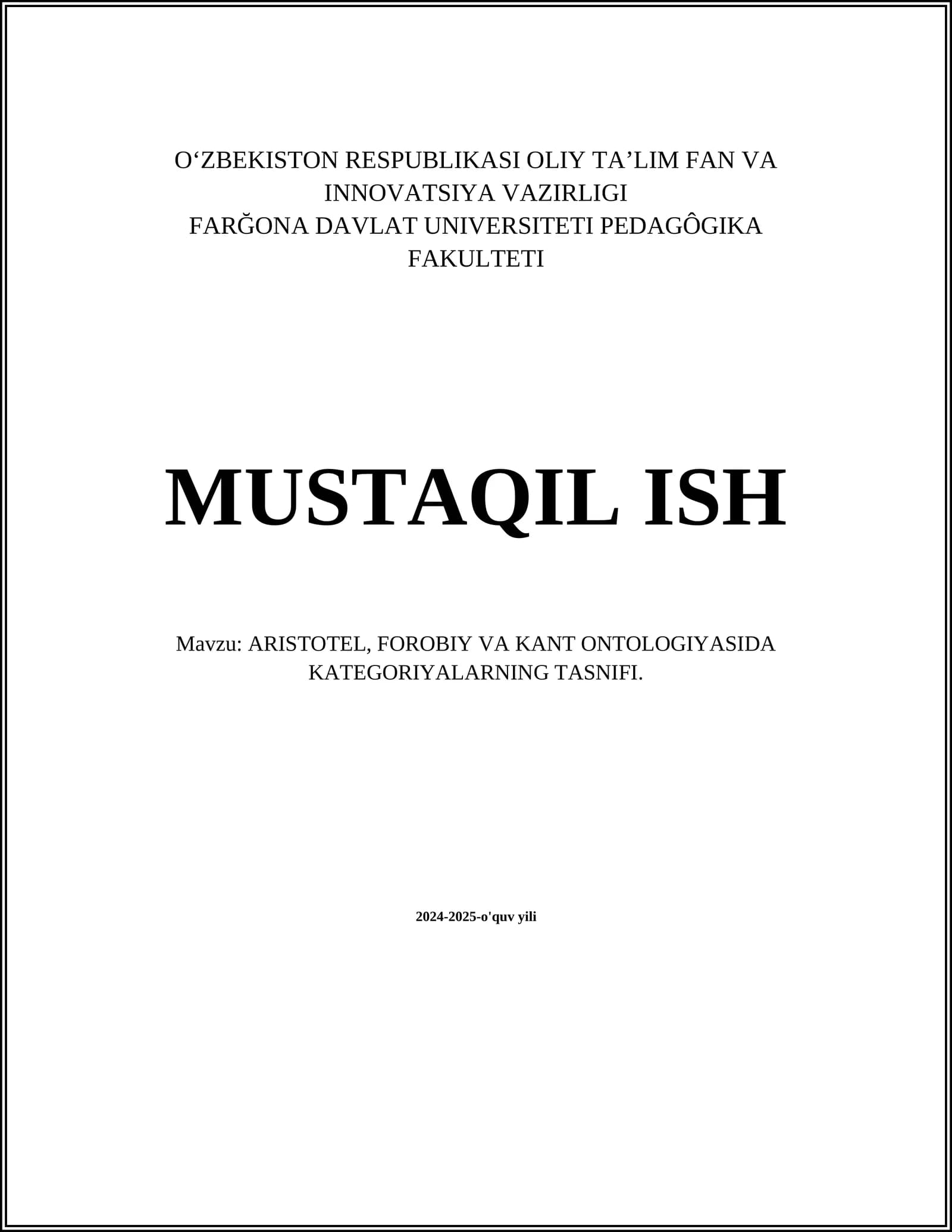 ARISTOTEL, FOROBIY VA KANT ONTOLOGIYASIDA KATEGORIYALARNING TASNIFI