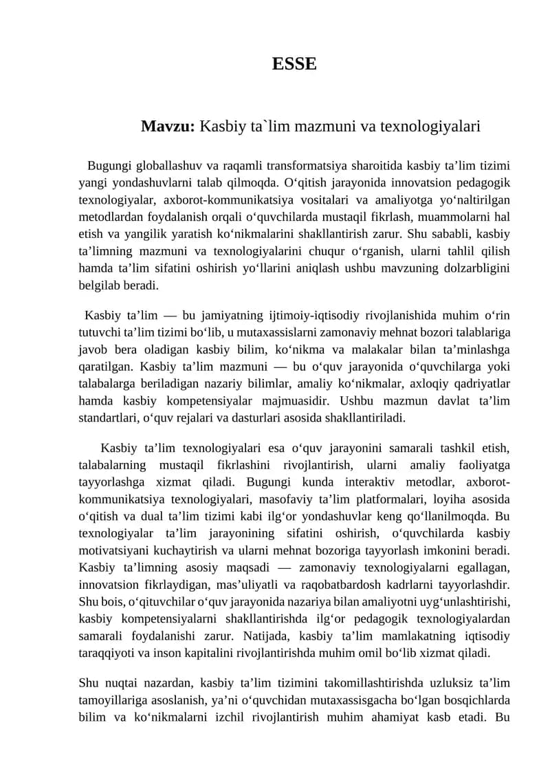 Kasbiy ta`lim mazmuni va texnologiyalari