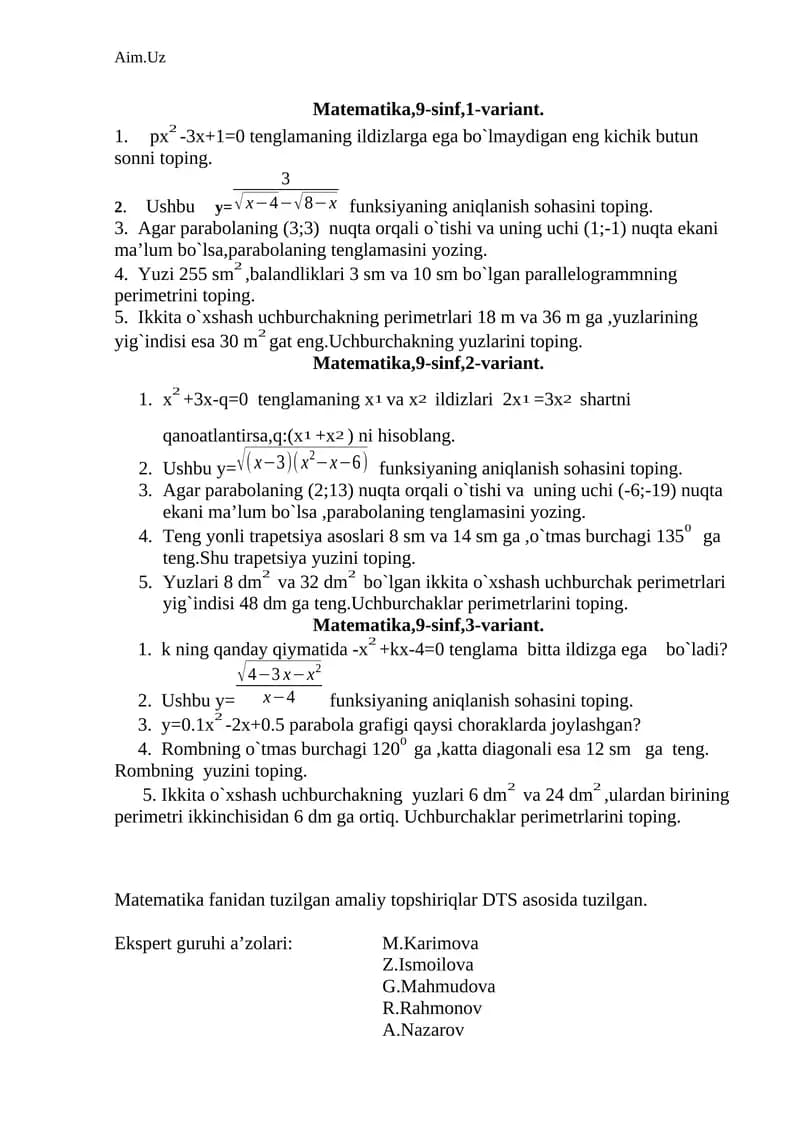 Matematika, 9-sinf, 1-variant