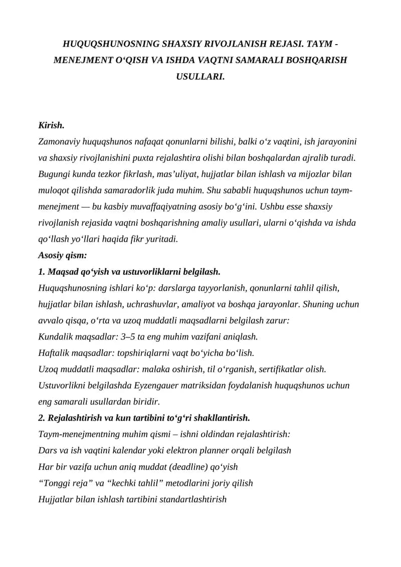 HUQUQSHUNOSNING SHAXSIY RIVOJLANISH REJASI