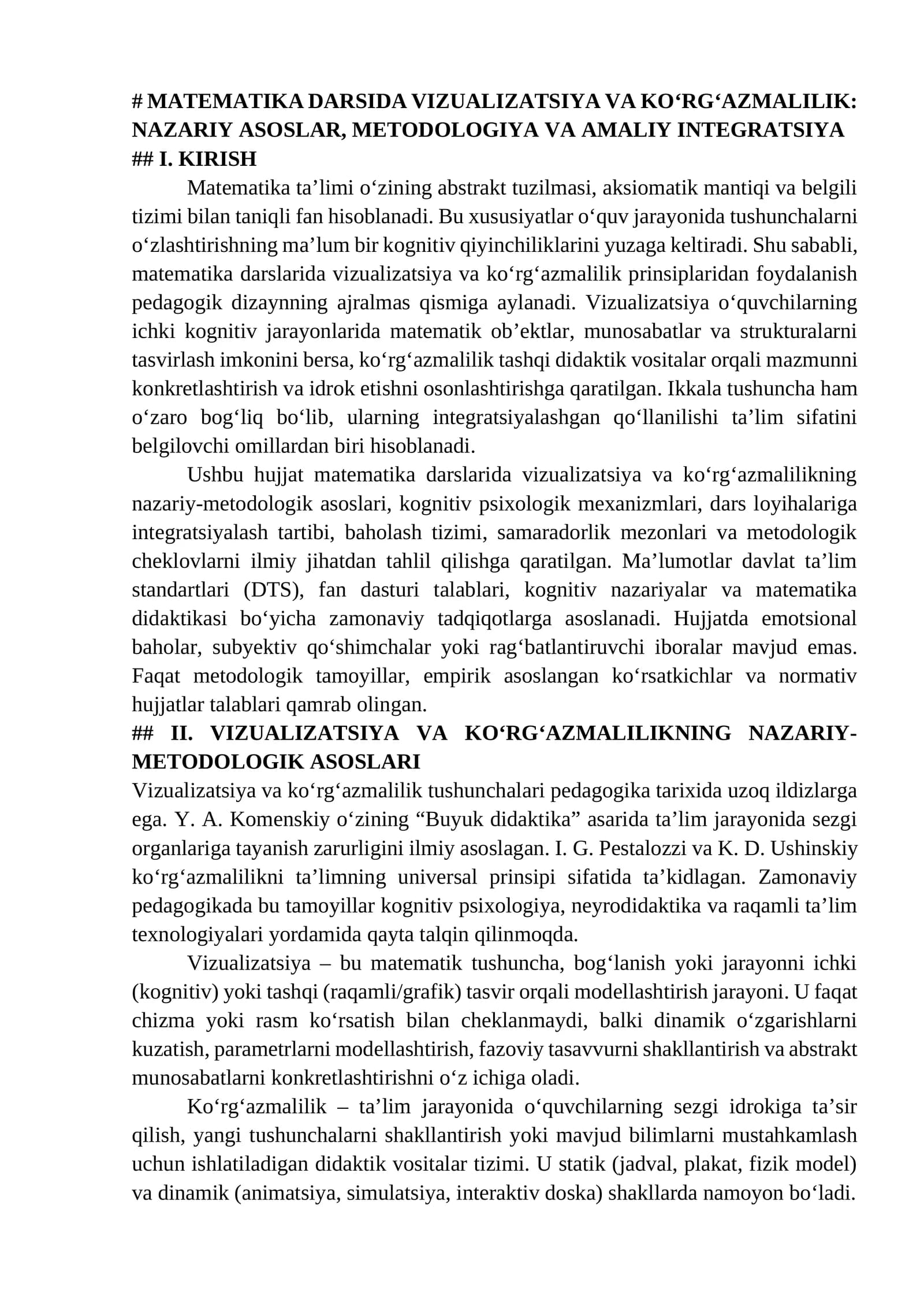 MATEMATIKA DARSIDA VIZUALIZATSIYA VA KO‘RG‘AZMALILIK: NAZARIY ASOSLAR, METODOLOGIYA VA AMALIY INTEGRATSIYA