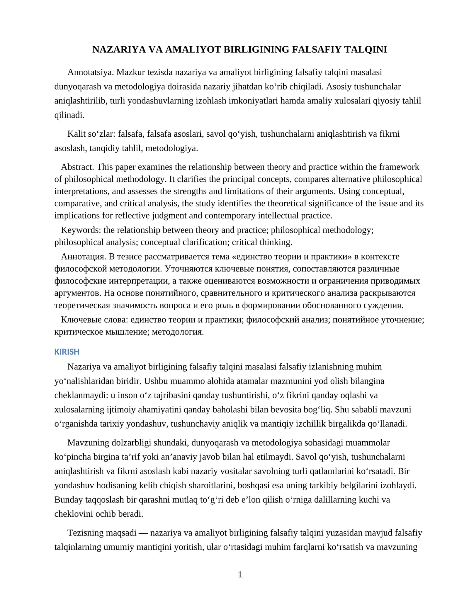 NAZARIYA VA AMALIYOT BIRLIGINING FALSAFIY TALQINI