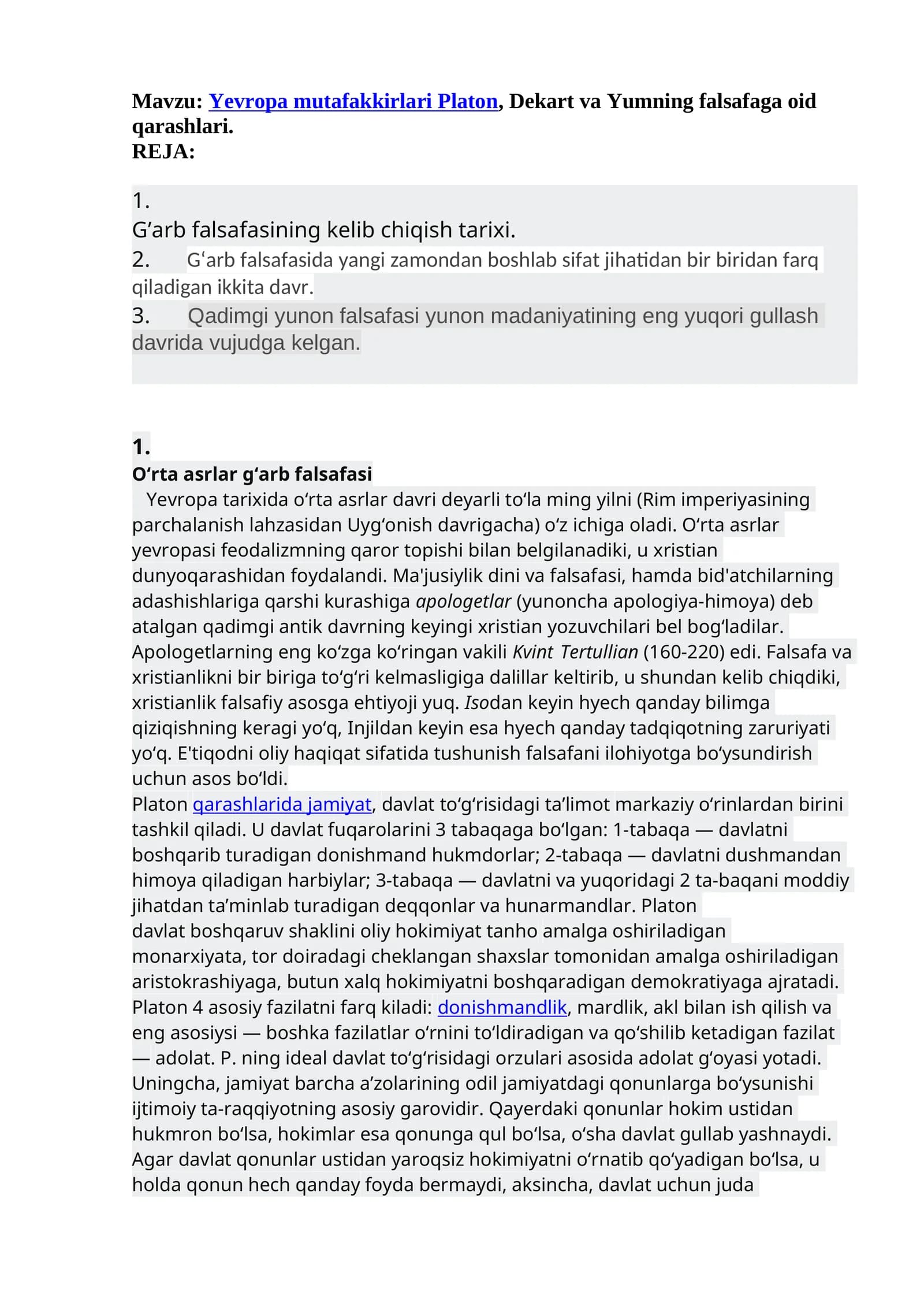 Yevropa Mutafakkirlari Platon, Dekart va Yumning Falsafag'a oid qarashlari