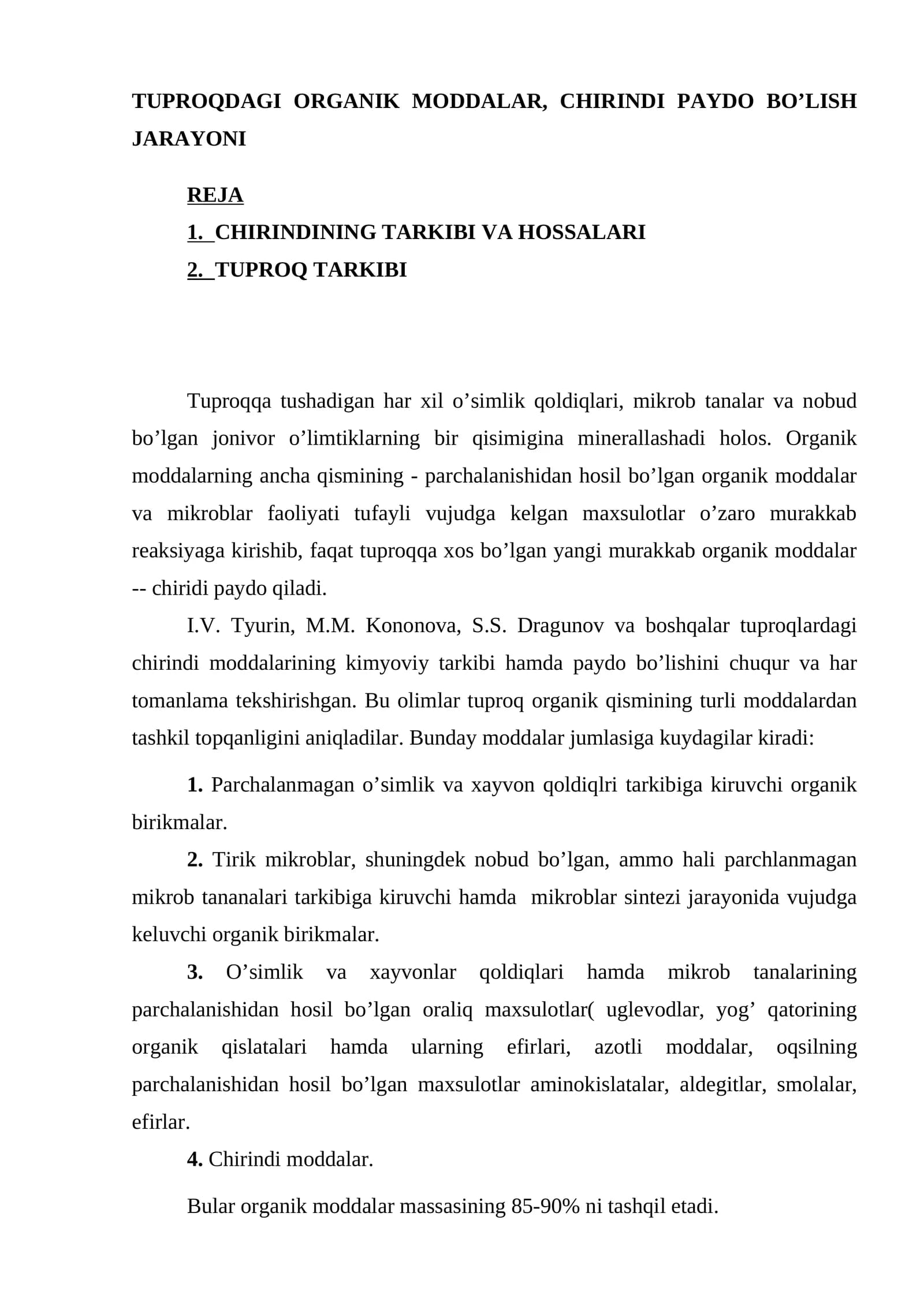 TUPROQDAGI ORGANIK MODDALAR, CHIRINDI PAYDO BO’LISH JARAYONI