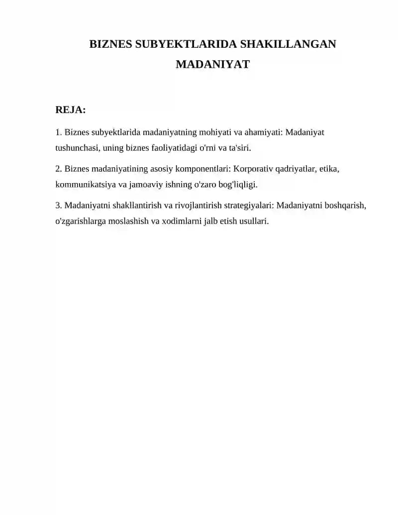 Biznes Subyektlarida Shakillangan Madaniyat