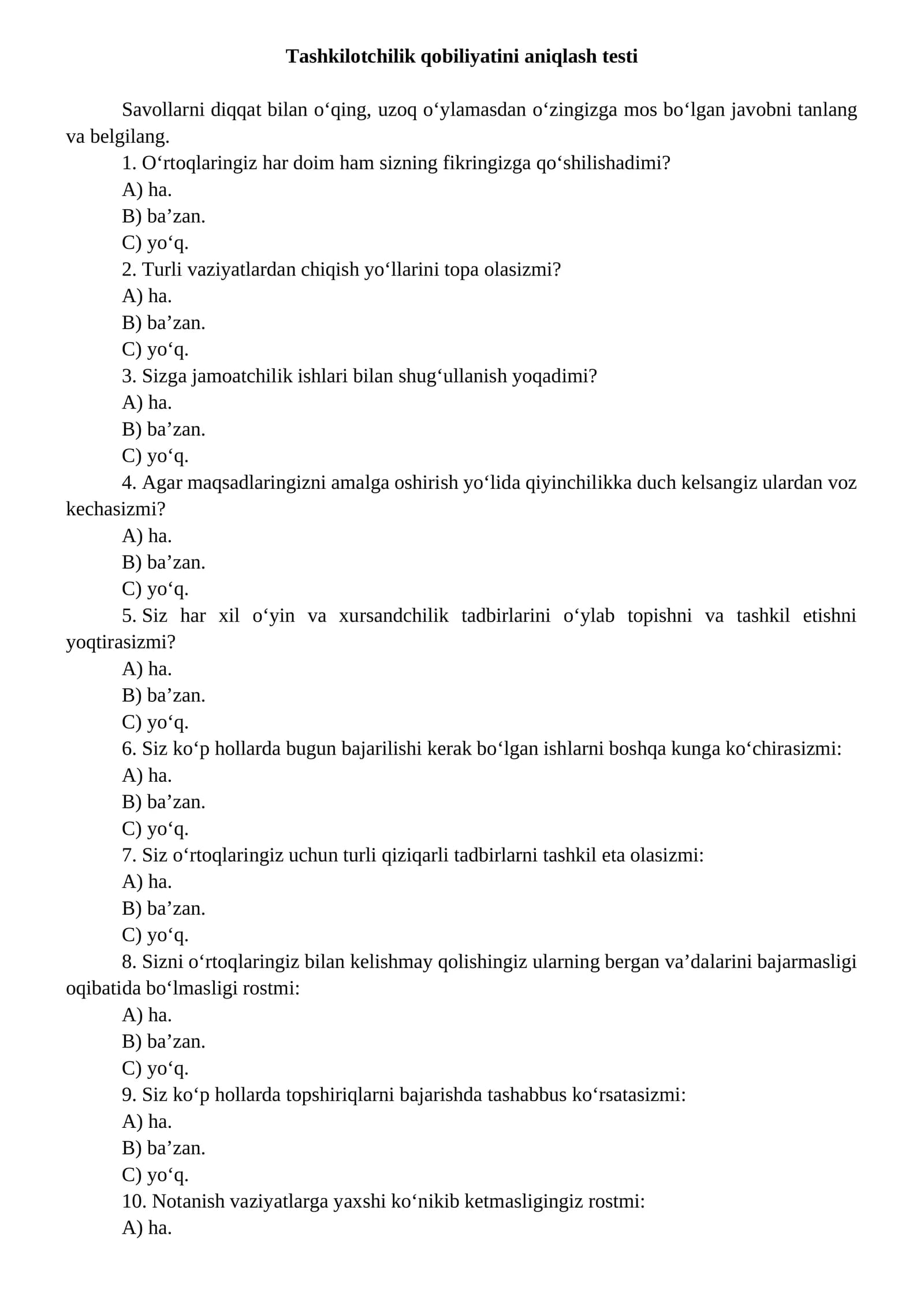 Tashkilotchilik qobiliyatini aniqlash testi