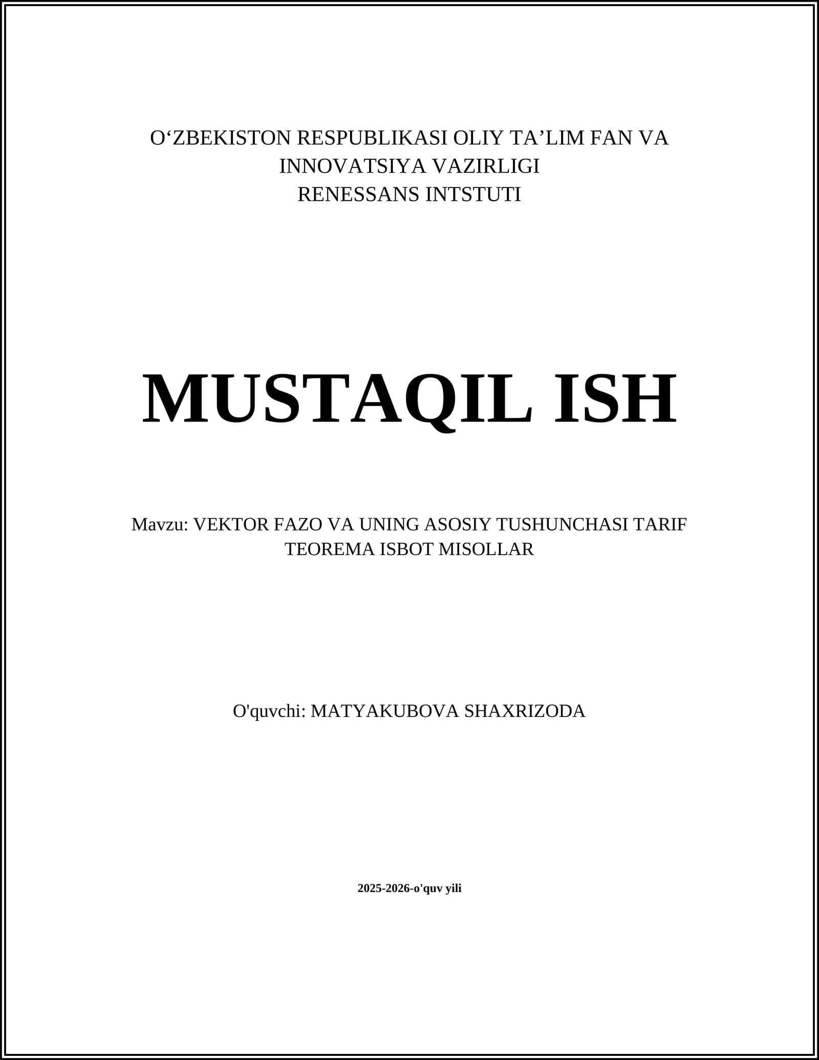 VEKTOR FAZO VA UNING ASOSIY TUSHUNCHASI TARIF TEOREMA ISBOT MISOLLAR