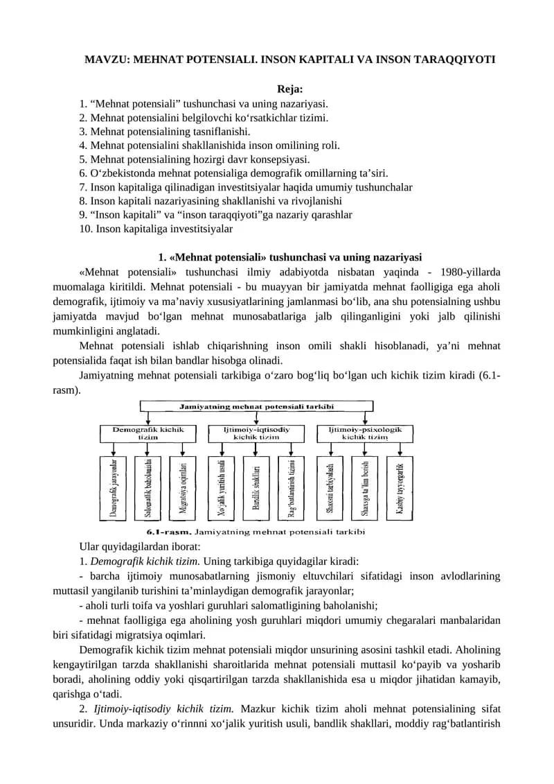 Mehnat Potensiali. Inson Kapitali va Inson Taraqqiyoti