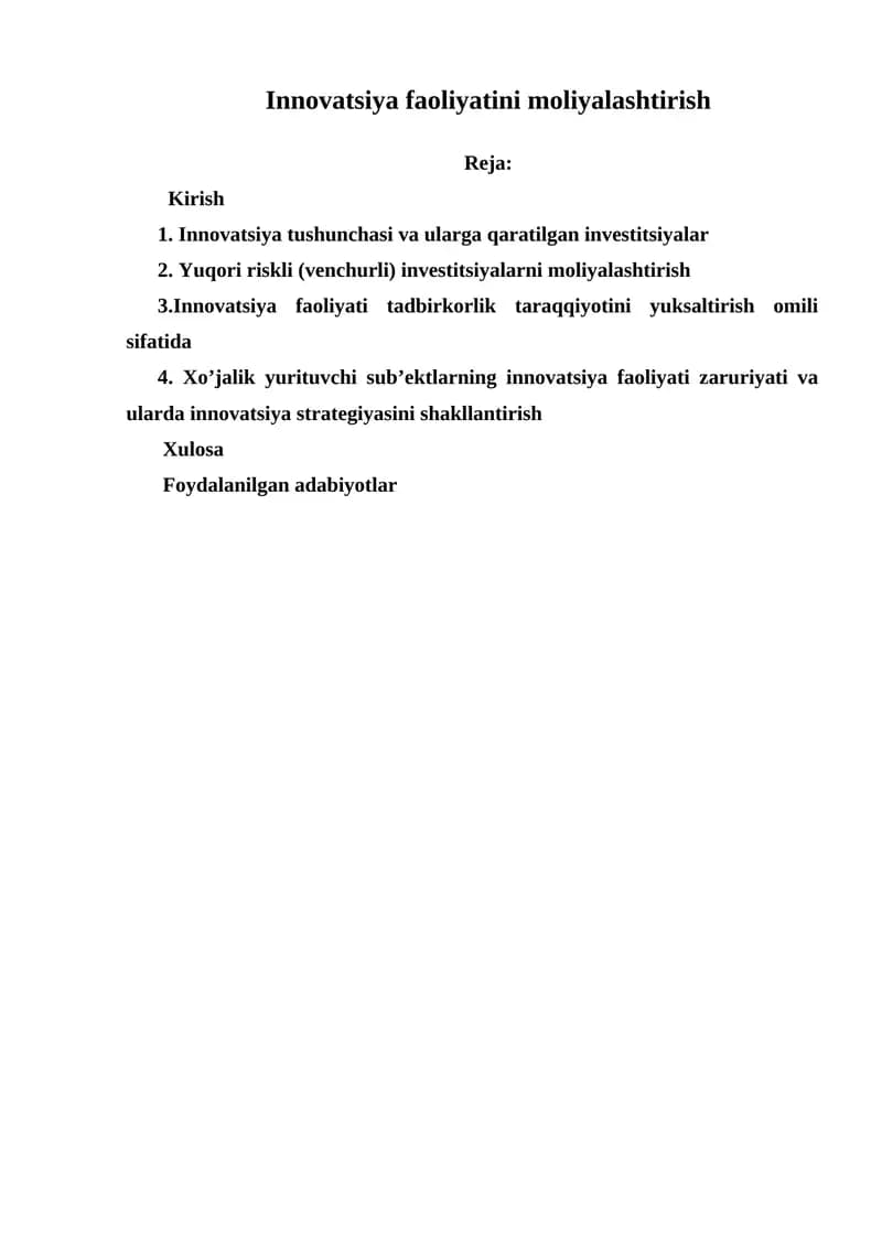 Innovatsiya faoliyatini moliyalashtirish