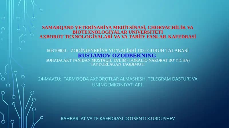 Zooinjeneriya yo’nalishi Mustaqil ta’lim