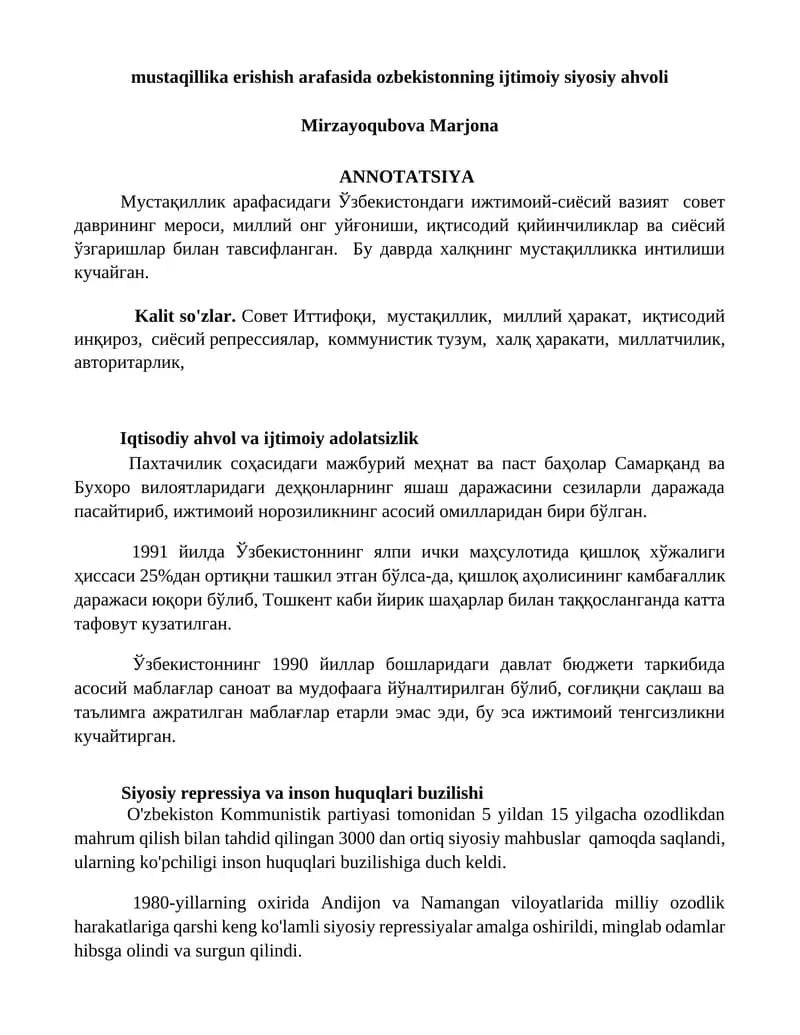 Mustaqillika erishish arafasida O'zbekistonning ijtimoiy siyosiy ahvoli