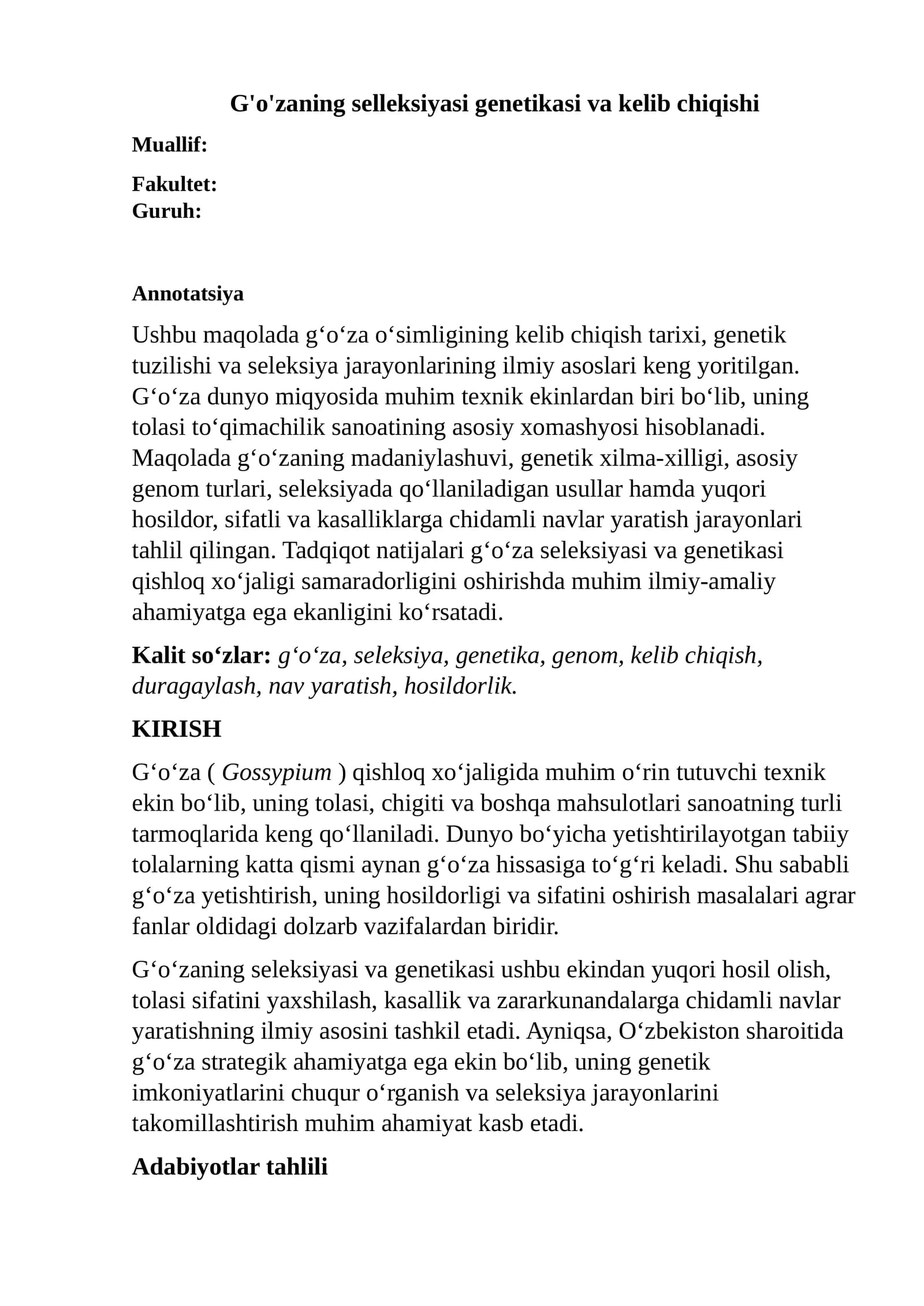 G'o'zaning selleksiyasi genetikasi va kelib chiqishi