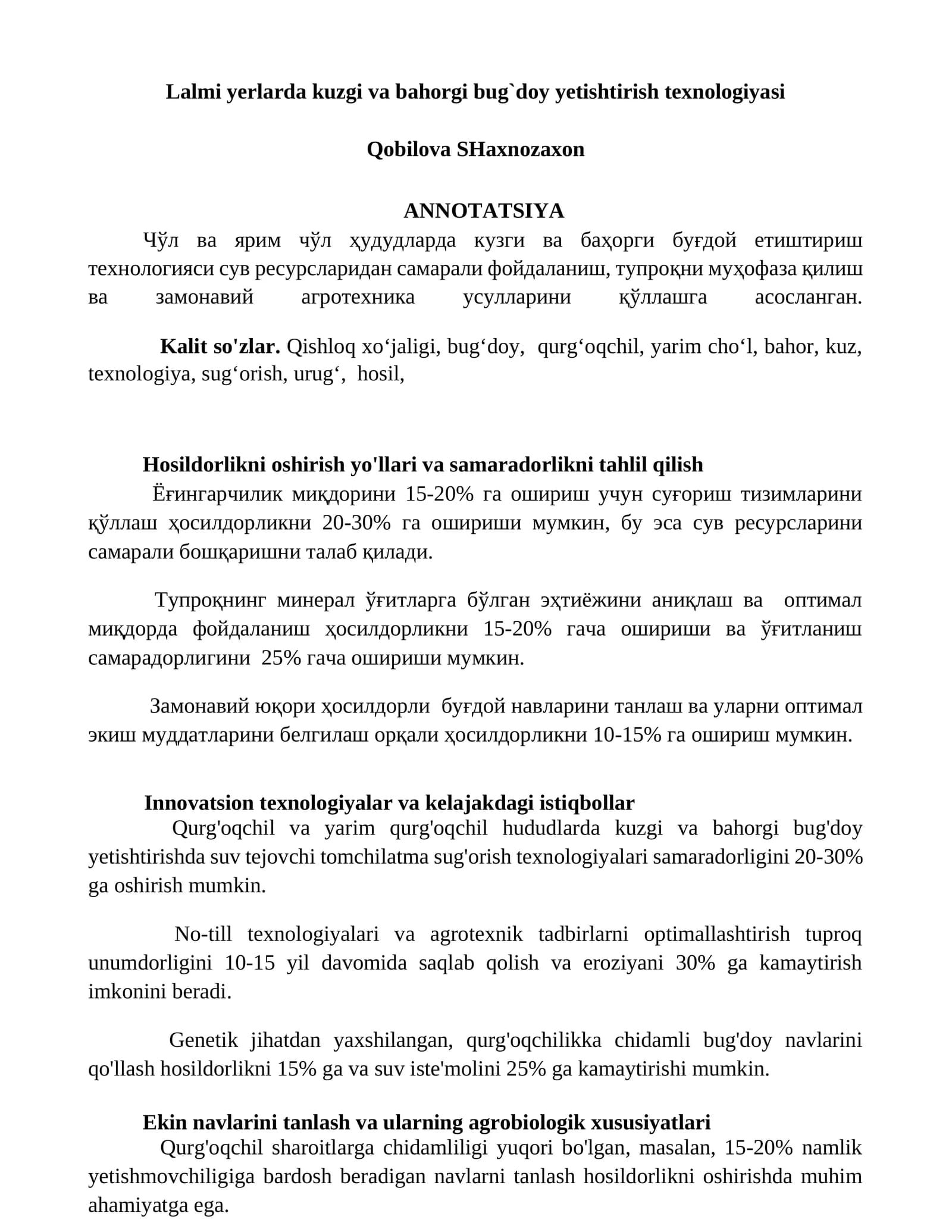 Lalmi yerlarda kuzgi va bahorgi bug`doy yetishtirish texnologiyasi
