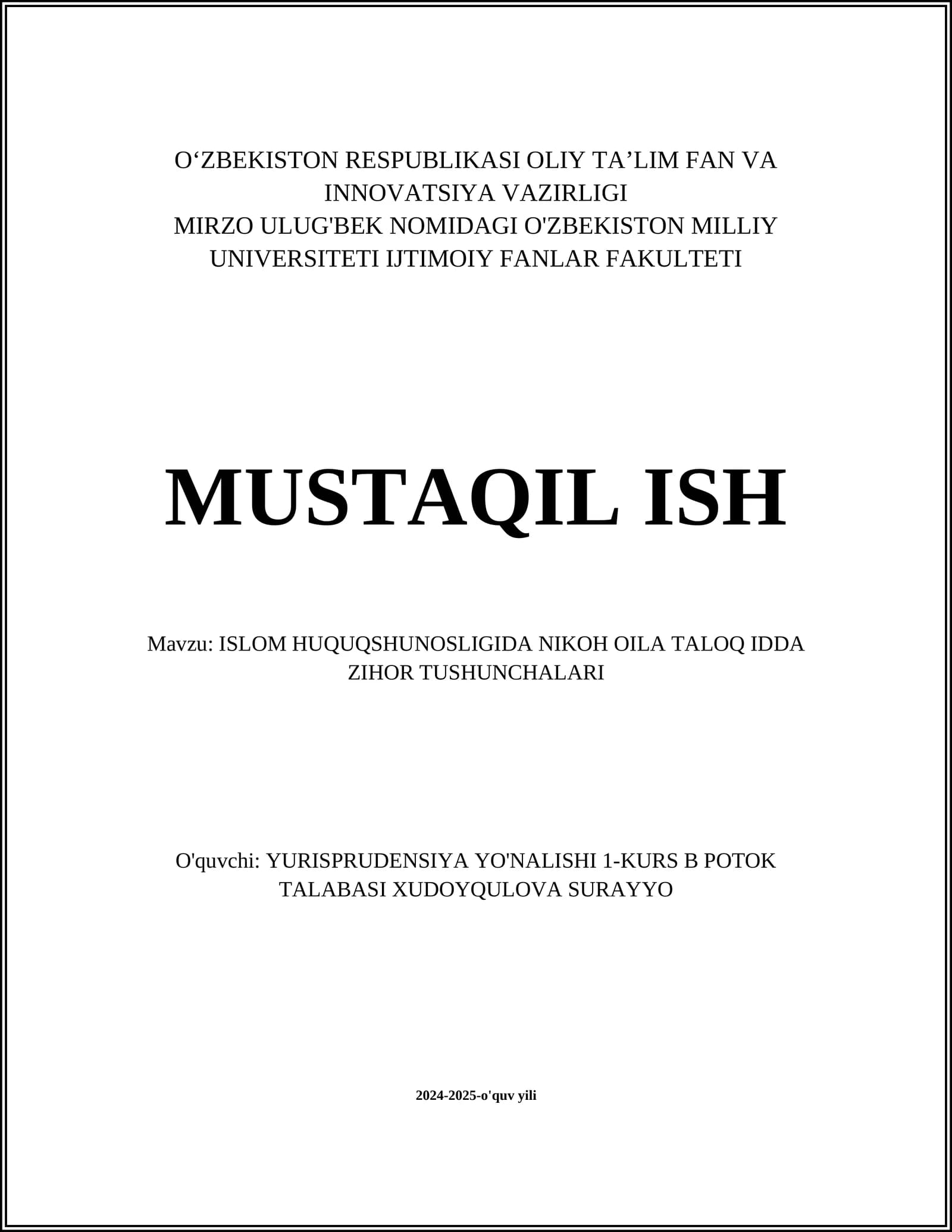 ISLOM HUQUQSHUNOSLIGIDA NIKOH OILA TALOQ IDDA ZIHOR TUSHUNCHALARI