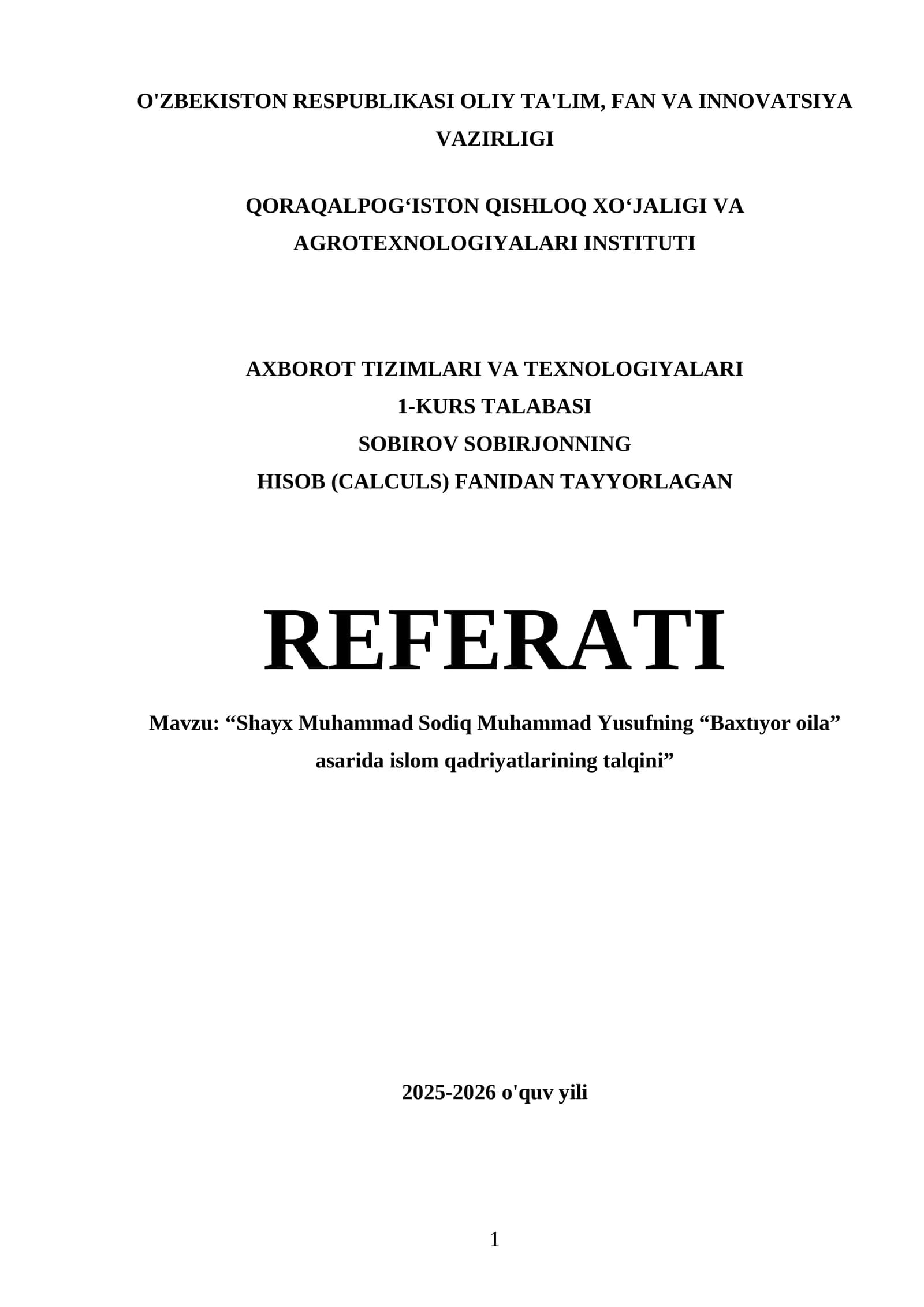 1-KURS TALABASI SOBIROV SOBIRJONNING HISOB (CALCULS) FANIDAN TAYYORLAGAN REFERATI