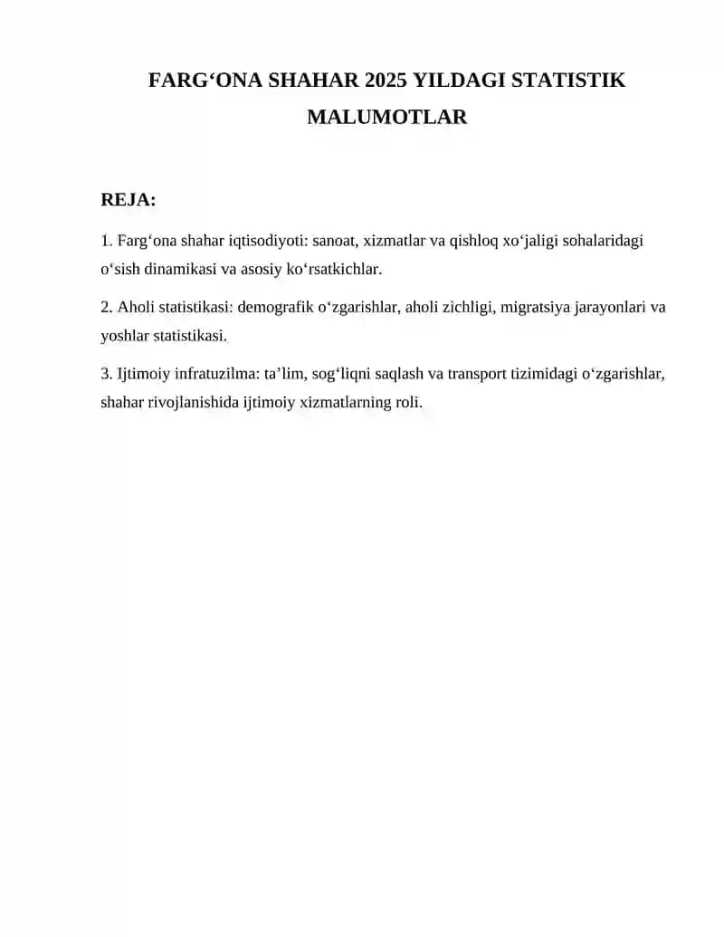 FARGʻONA SHAHAR 2025 YILDAGI STATISTIK MALUMOTLAR