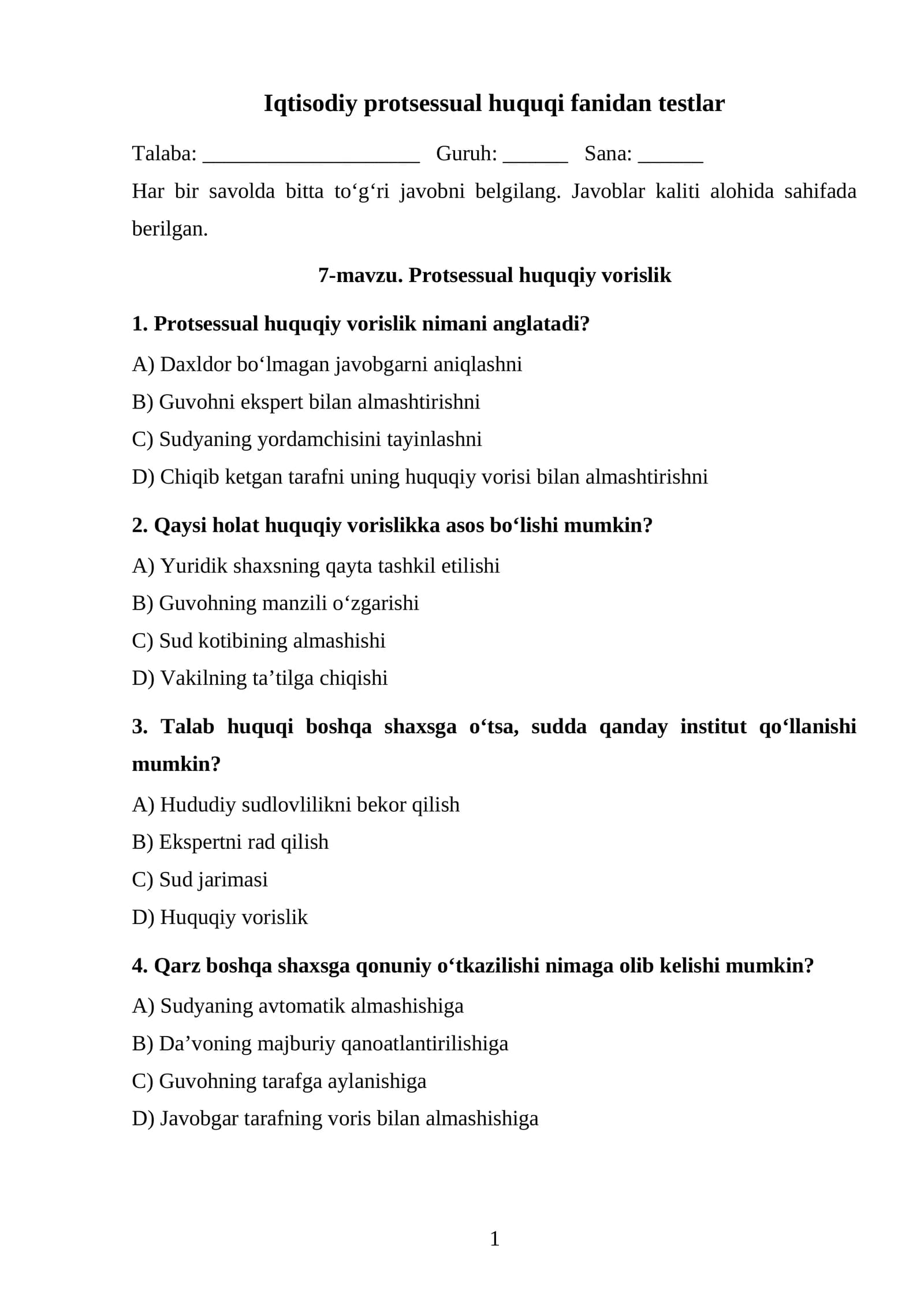 Protsessual huquqiy vorislik TEST.