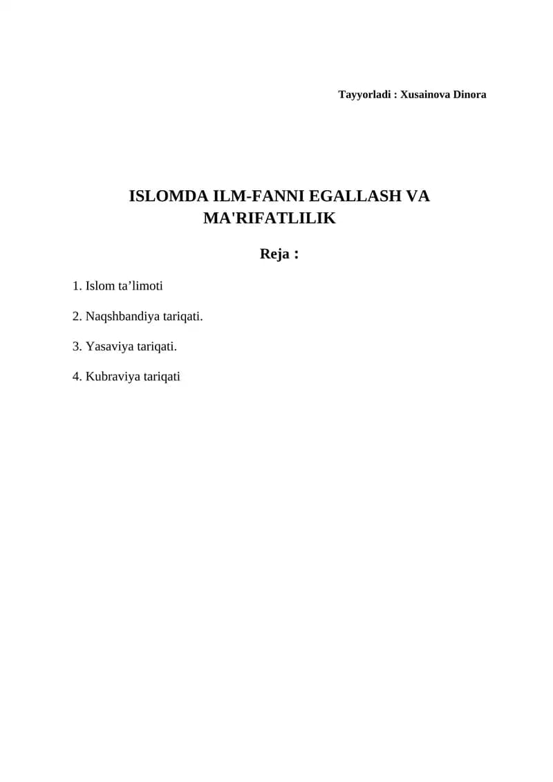 Islomda Ilm-Fanni Egallash va Ma'rifatlik
