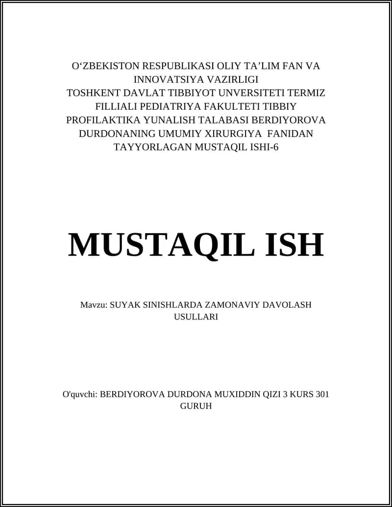 SUYAK SINISHLARDA ZAMONAVIY DAVOLASH USULLARI