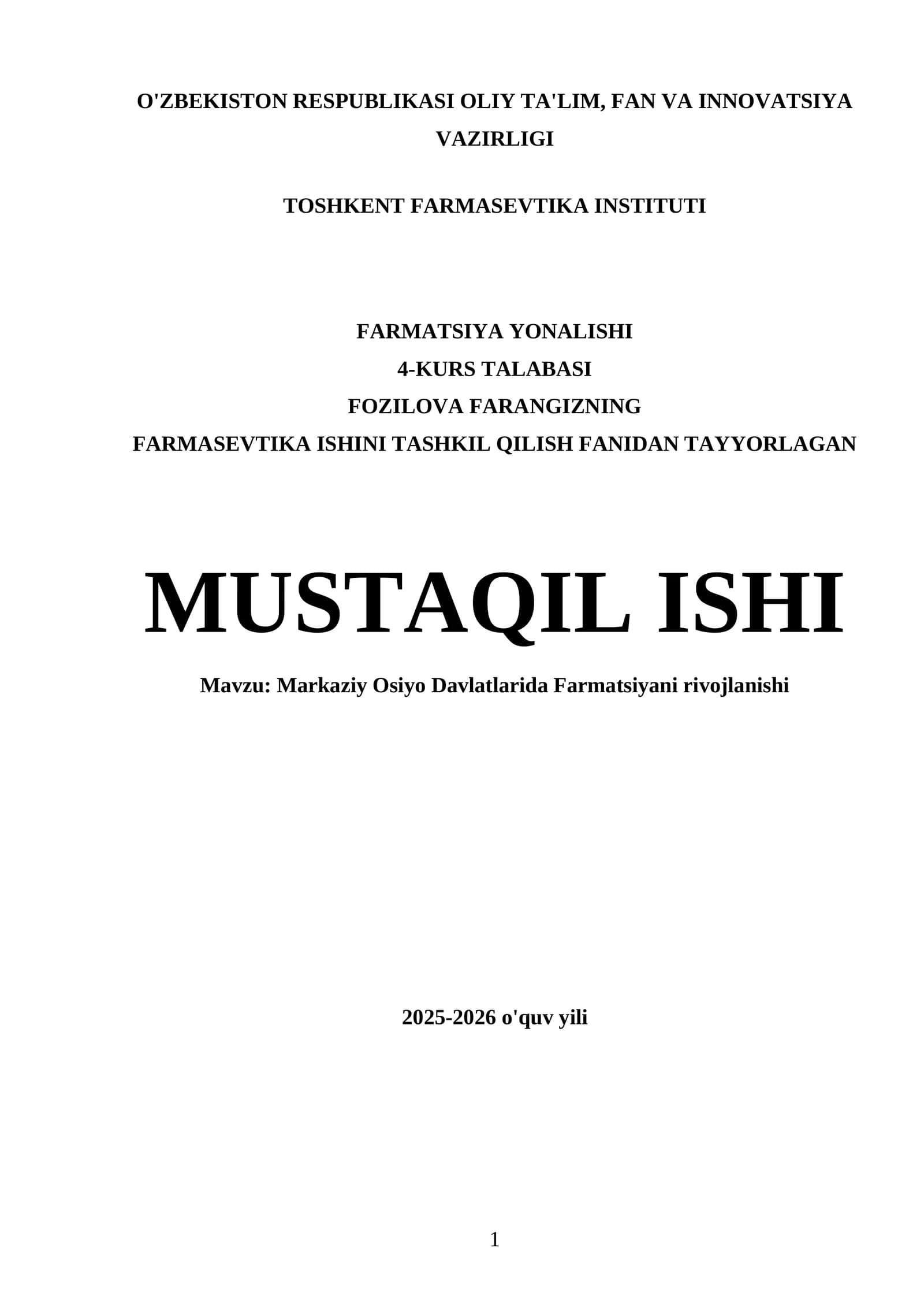 Farmatsevtika Ishini Tashkil Qilish Fanidan Tayyorlagan Mustaqil Ishi