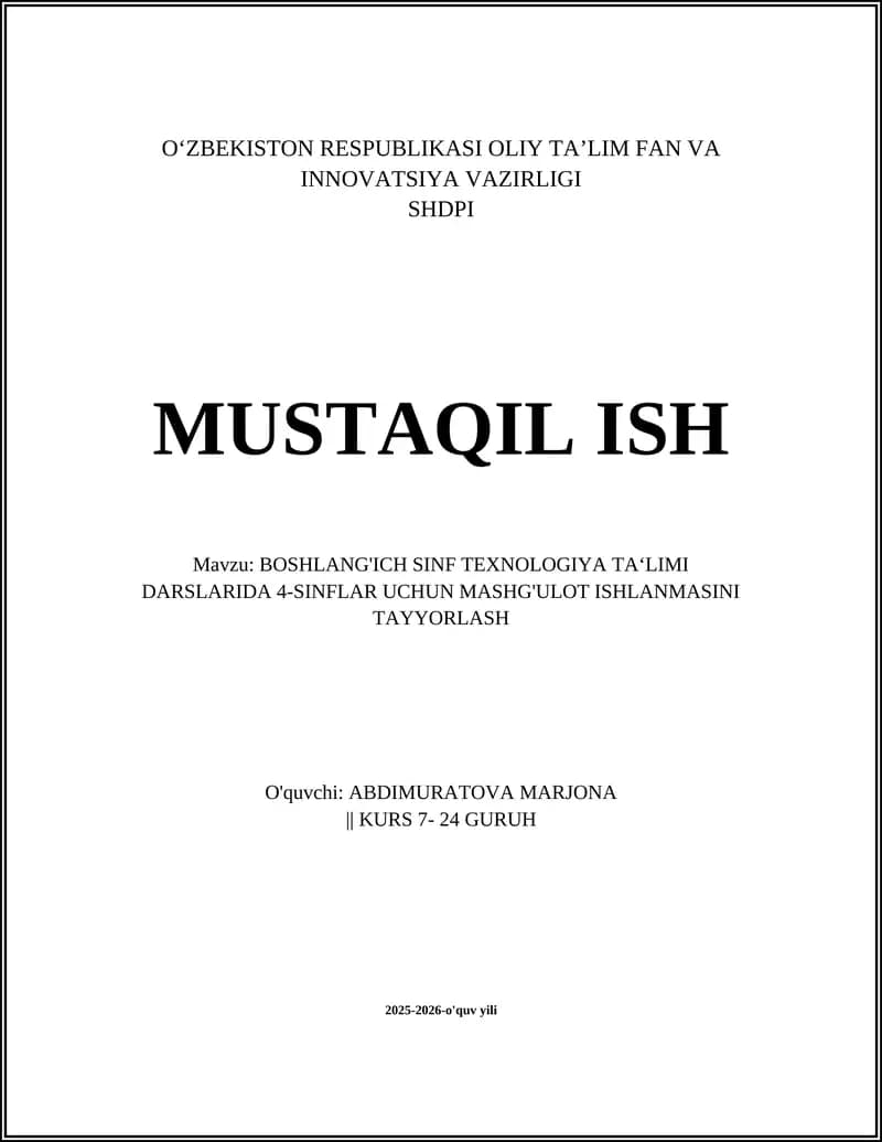 4-sinflar Texnologiya Darslari Mashg'ulot Ishlanmasi