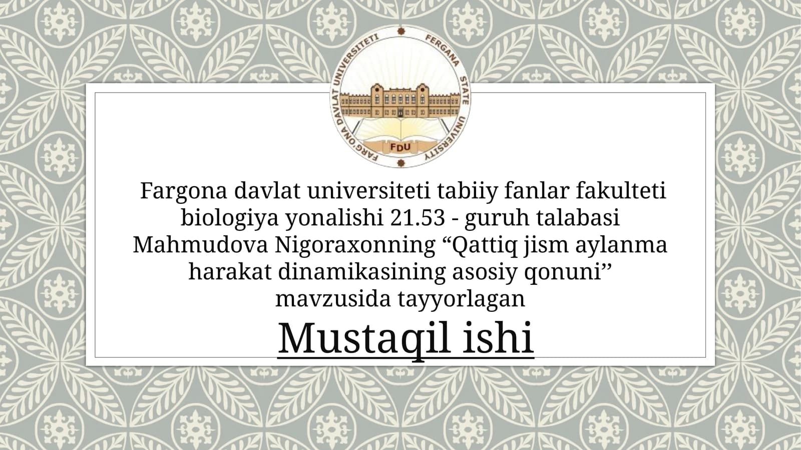Qattiq jism aylana harakat dinamikasining asosiy qonuni