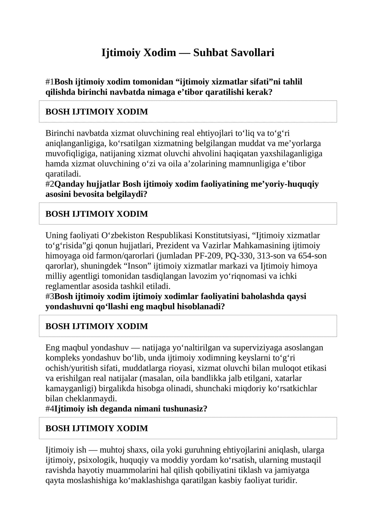 Ijtimoiy Xodim — Suhbat Savollari