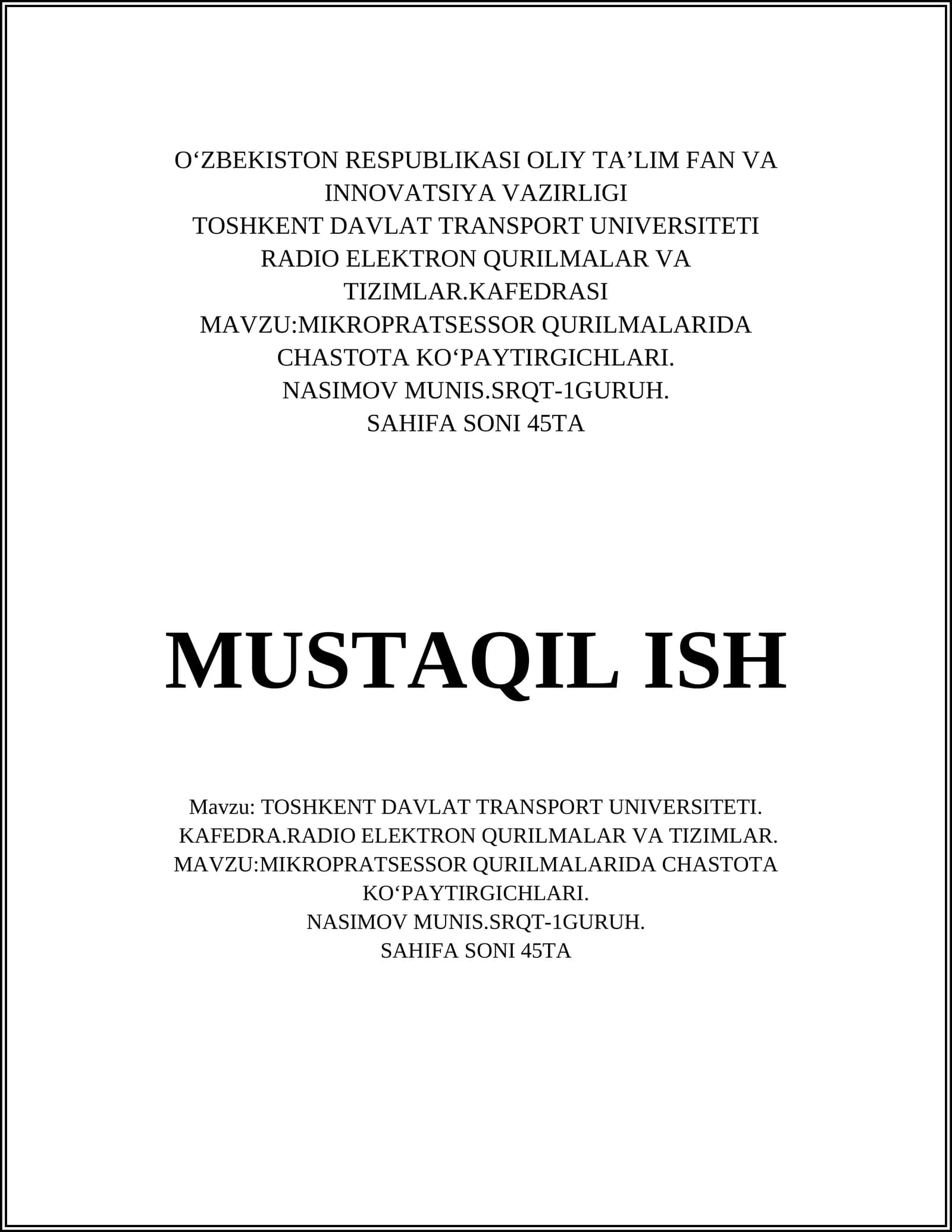 MIKROPRATSESSOR QURILMALARIDA CHASTOTA KO‘PAYTIRGICHLARI