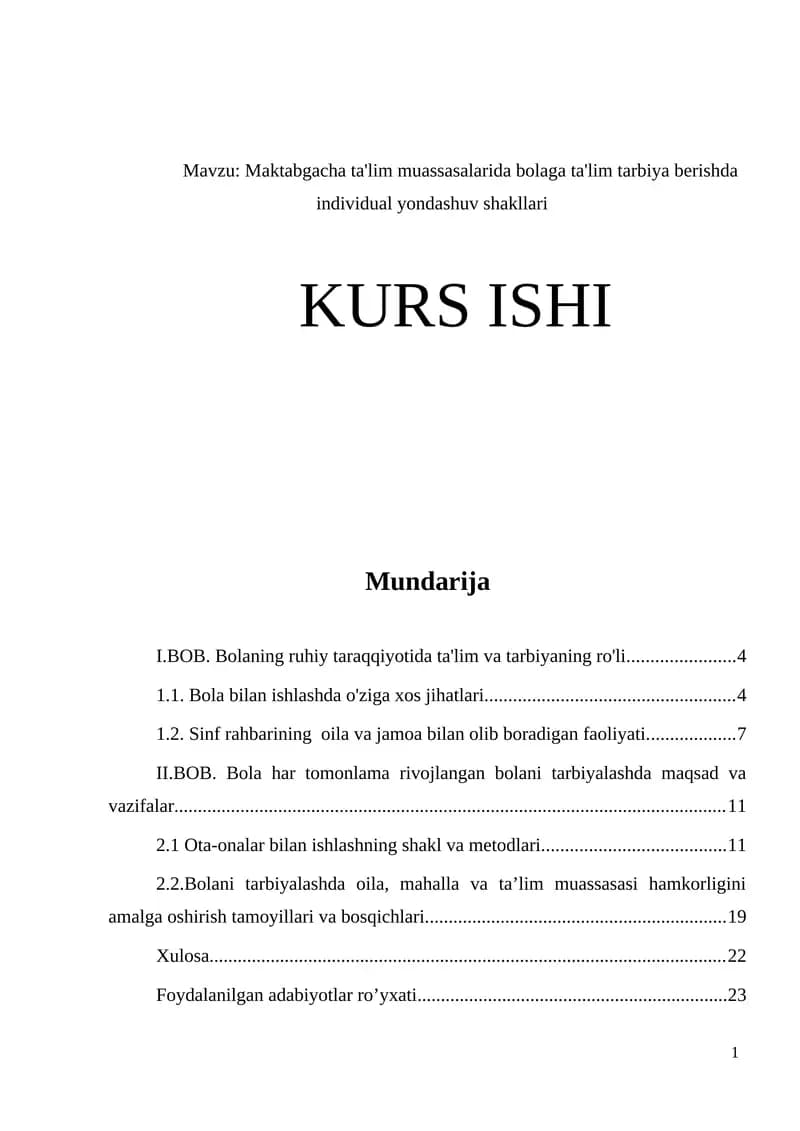 Maktabgacha ta'lim muassasalarida bolaga ta'lim tarbiya berishda individual yondashuv shakllari